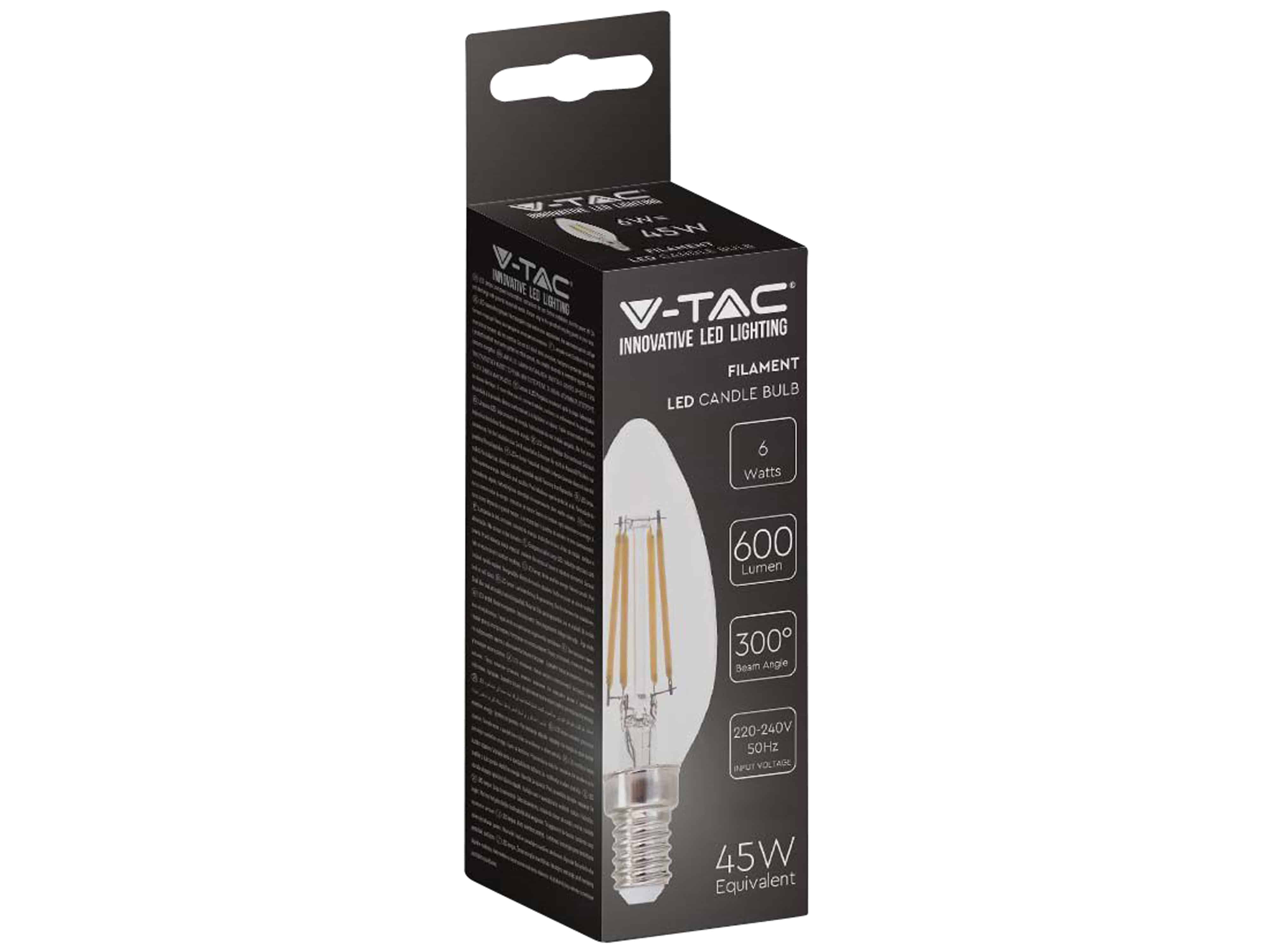 V-TAC LED-Filament-Lampe VT-2127, E14, EEK: F, 6W, 600lm, 3000K