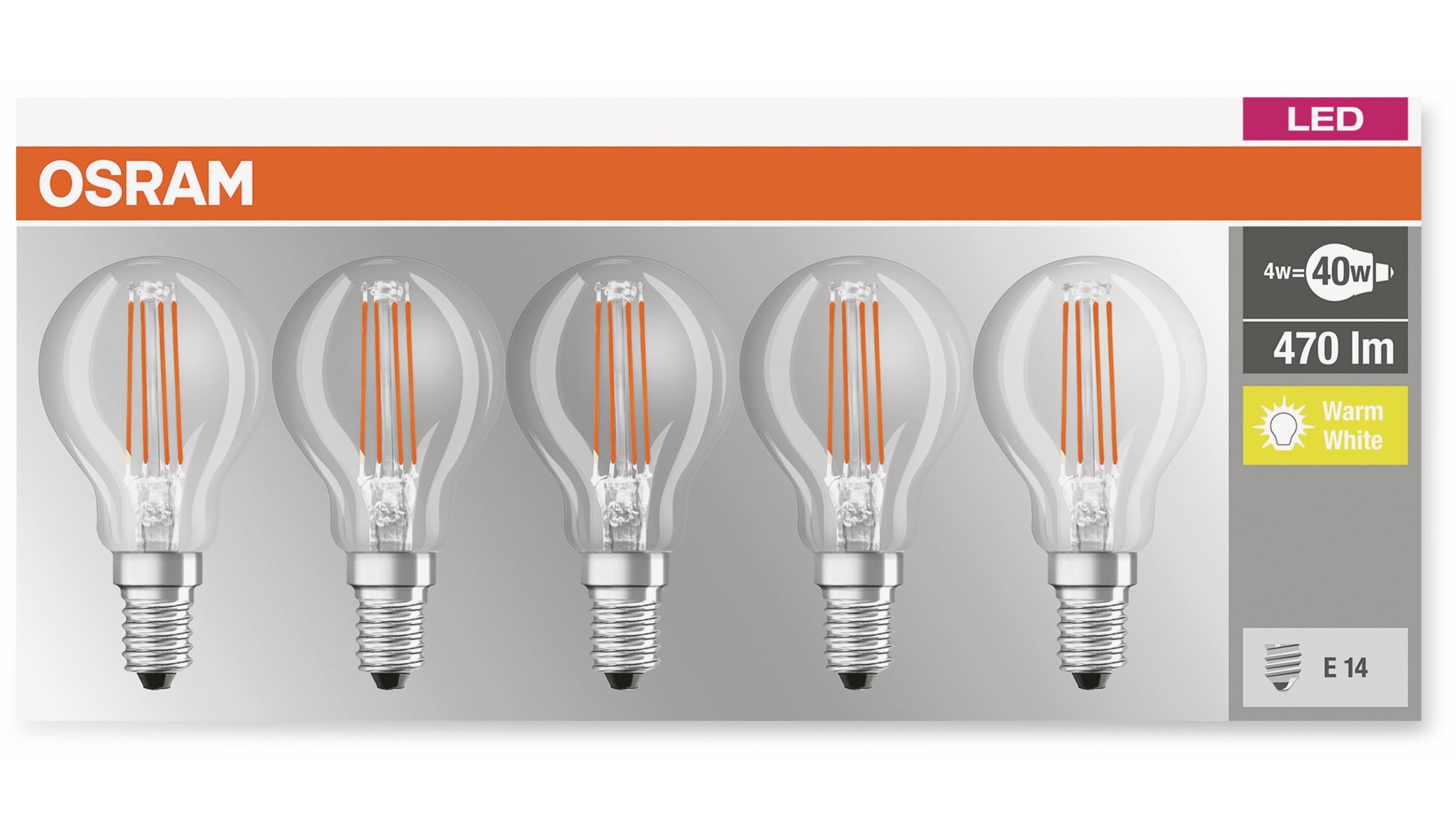 OSRAM LED-Lampe BASE CLASSIC P, E14, EEK: E, 4 W, 470 lm, 2700 K, 5 Stk.