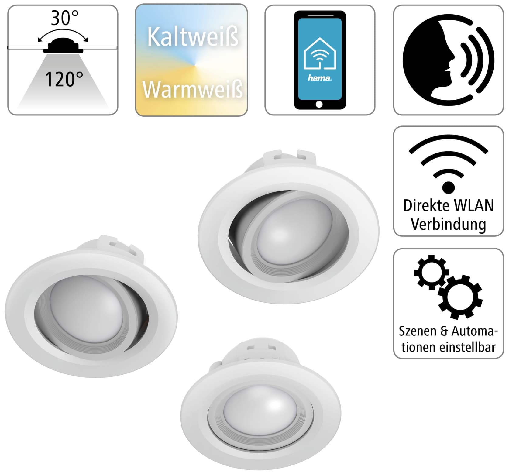 HAMA LED-Einbauleuchte WLAN, 5 W, 350 lm, dimmbar, weiß, 3 Stück