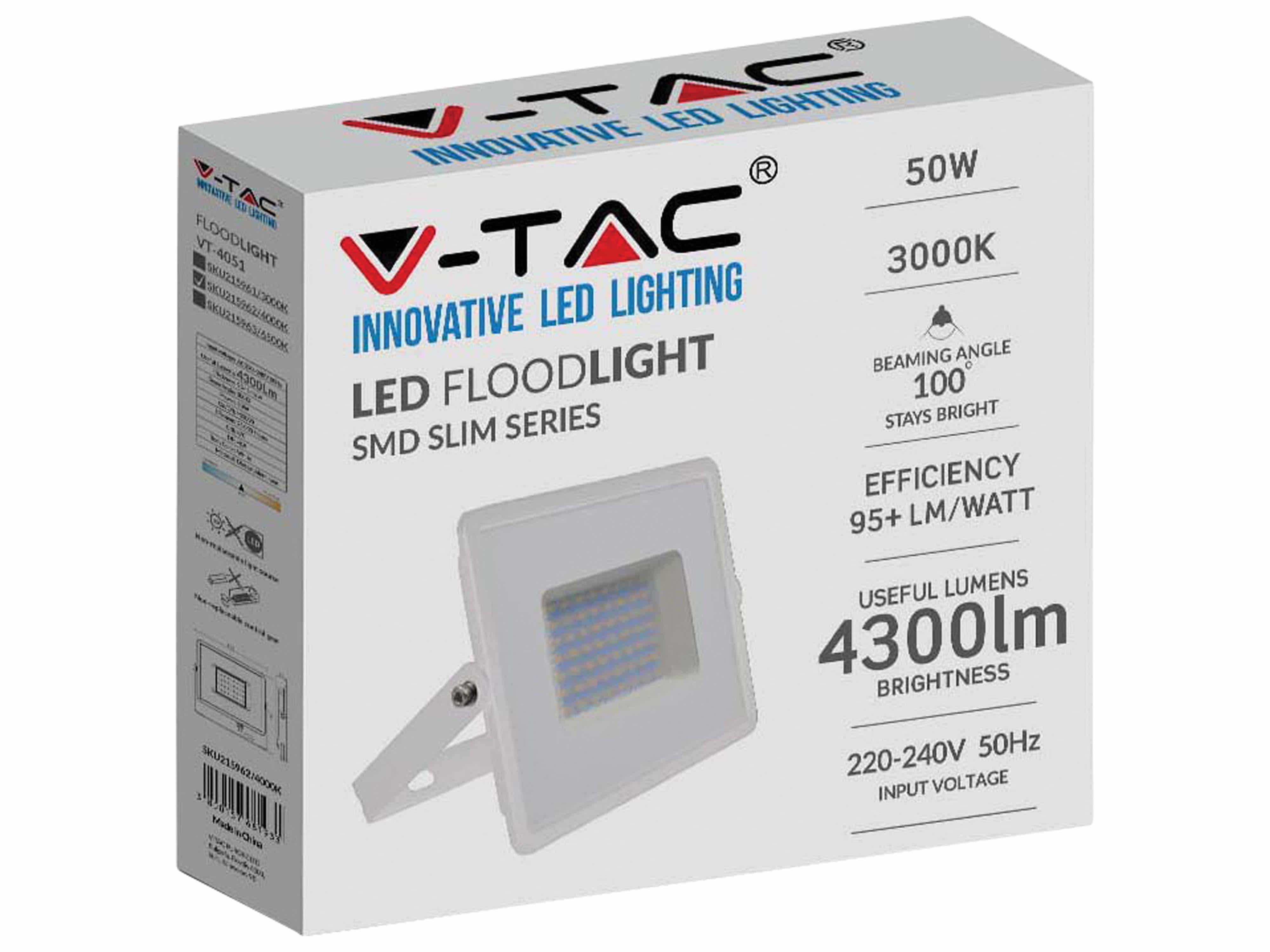 V-TAC LED-Fluter VT-4051, EEK: F, 50W, 4300lm, 3000K, weiß