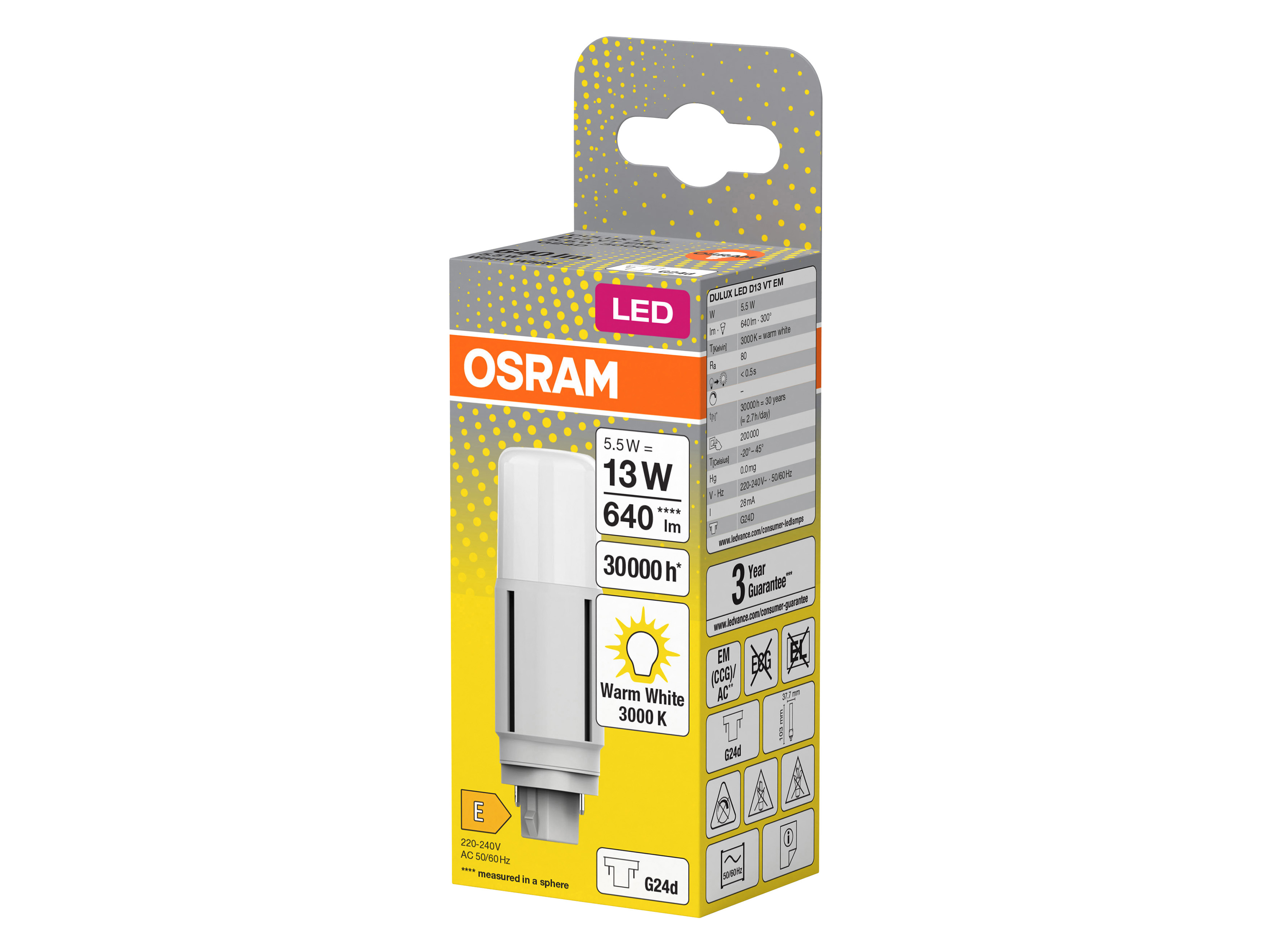 OSRAM LED-Lampe, Dulux D13, G24d, EEK: E, 5,5W, 640lm, 3000K