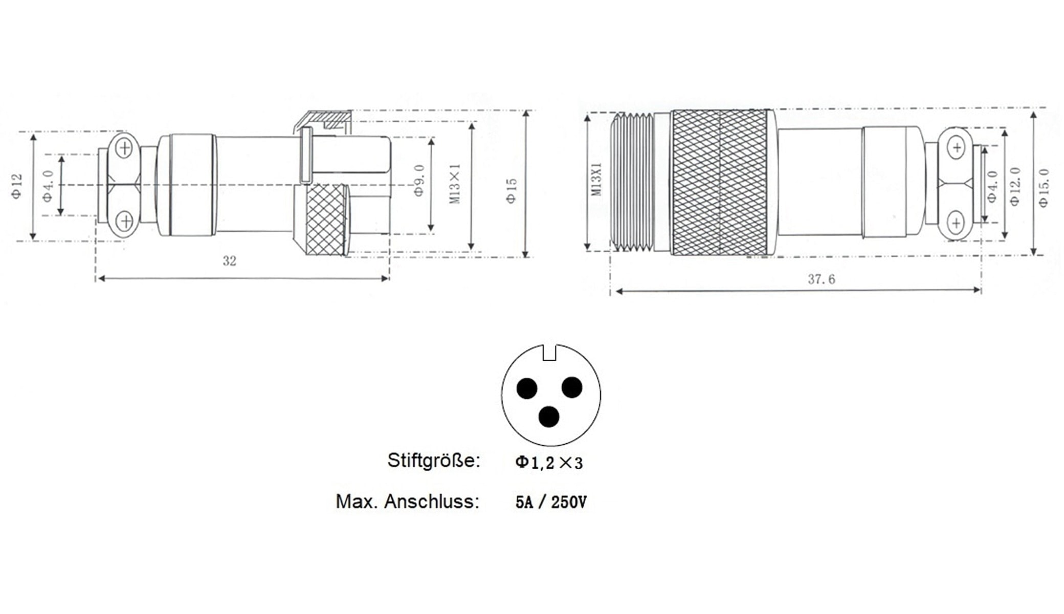 Hochstrom Steckverbinder-Set, 3-polig, Ø 12 mm, Schraubverschluss