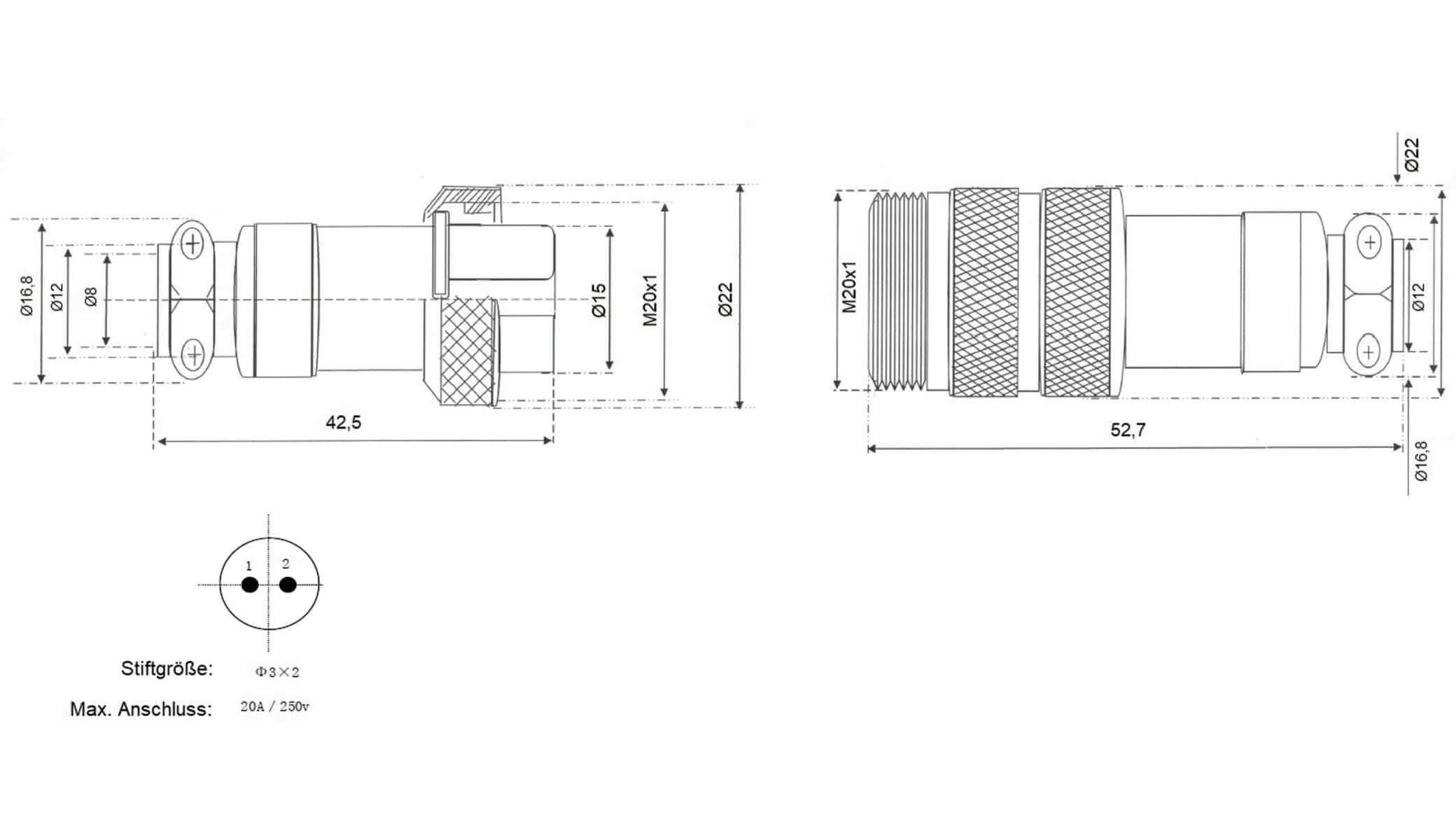 Hochstrom Steckverbinder-Set, 2-polig, Ø 20 mm, Schraubverschluss