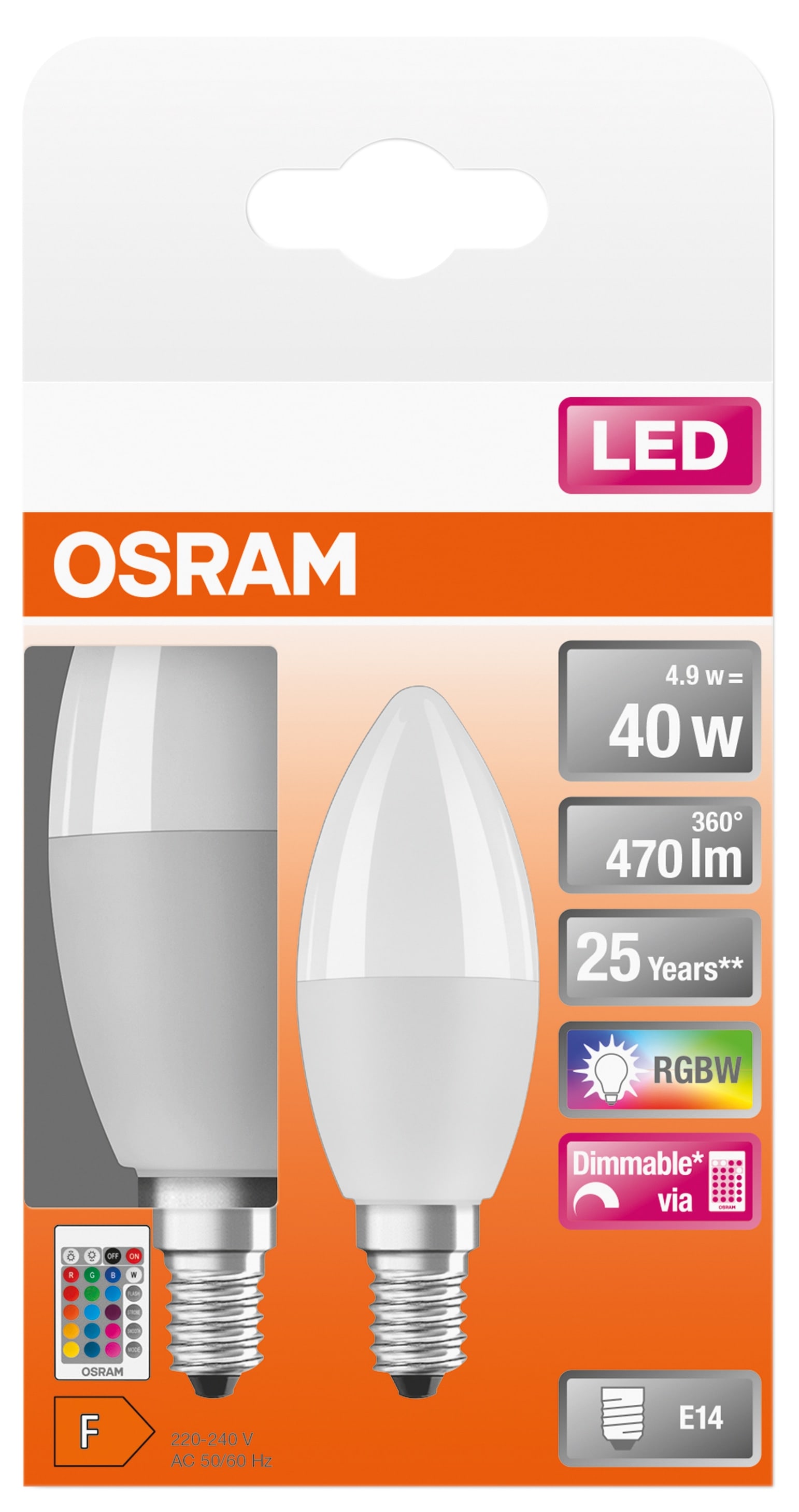 OSRAM LED-Lampe Superstar Classic, B40, E14, EEK: F, 4,9 W, 470 lm, 2700 K, RGBW, 2 Stück