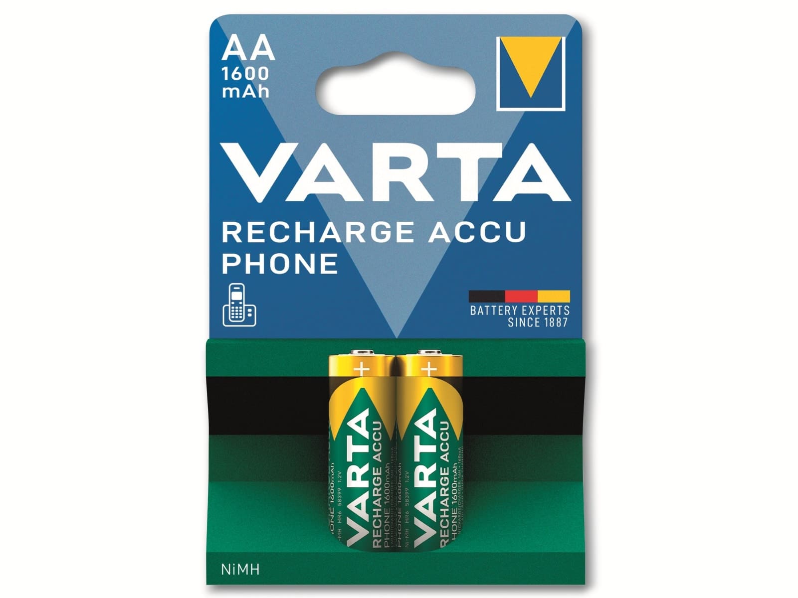 VARTA Akku NiMH, Mignon, AA, HR06, 1.2V/1600mAh, Accu Phone, 2er Pack