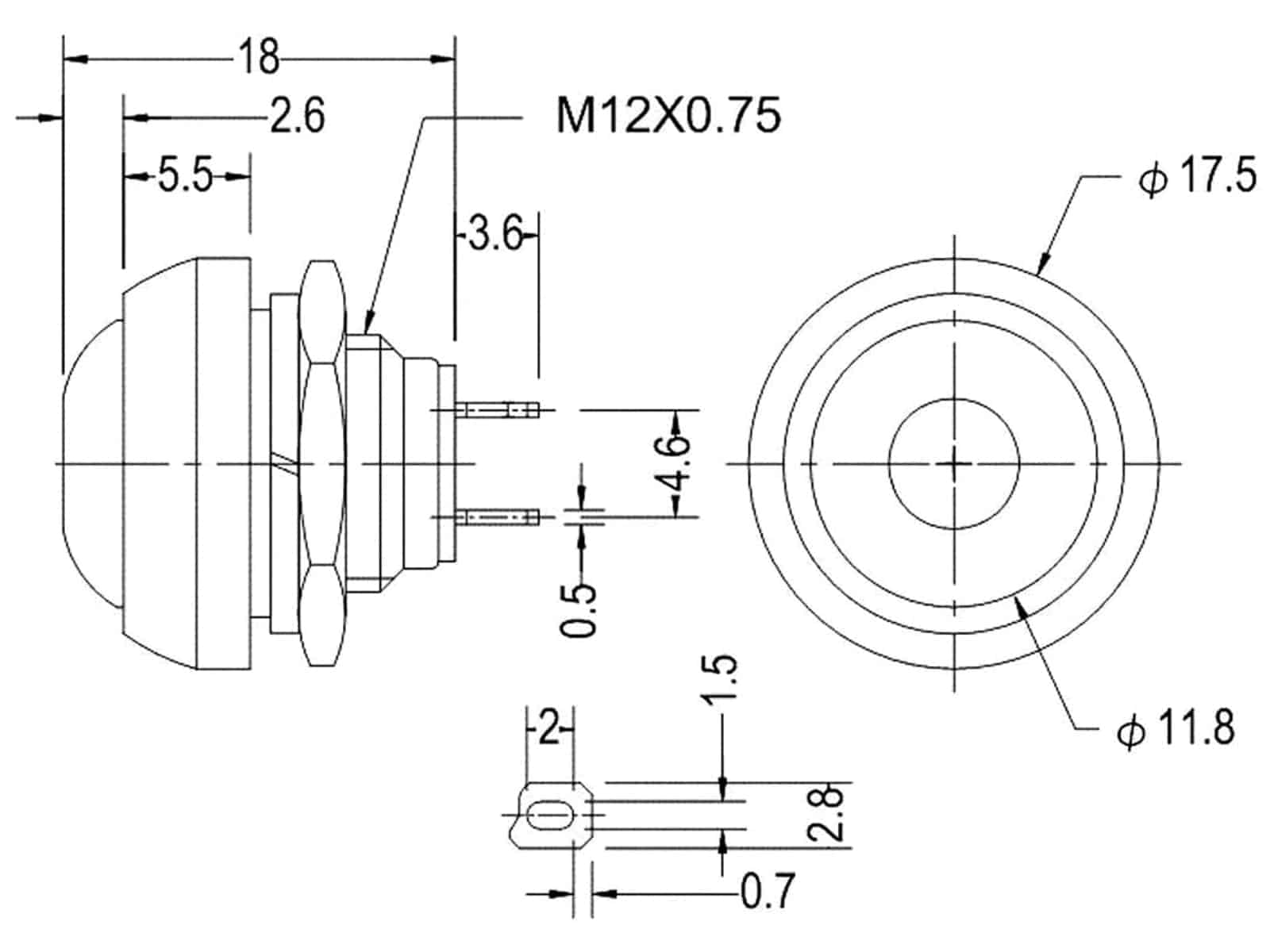 Drucktaster grün Ø 17,5mm, 36V/1A, 1-polig, Schließer, Lötanschluss