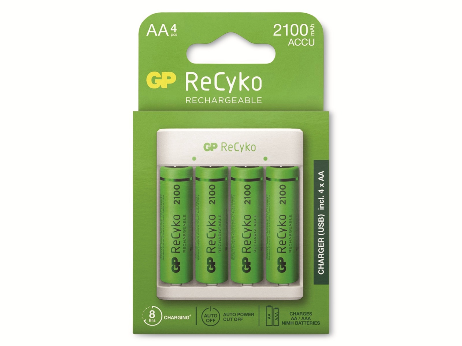 GP USB Ladegerät E411 inkl. 4x 2100mAh NiMH-Mignon-Akku