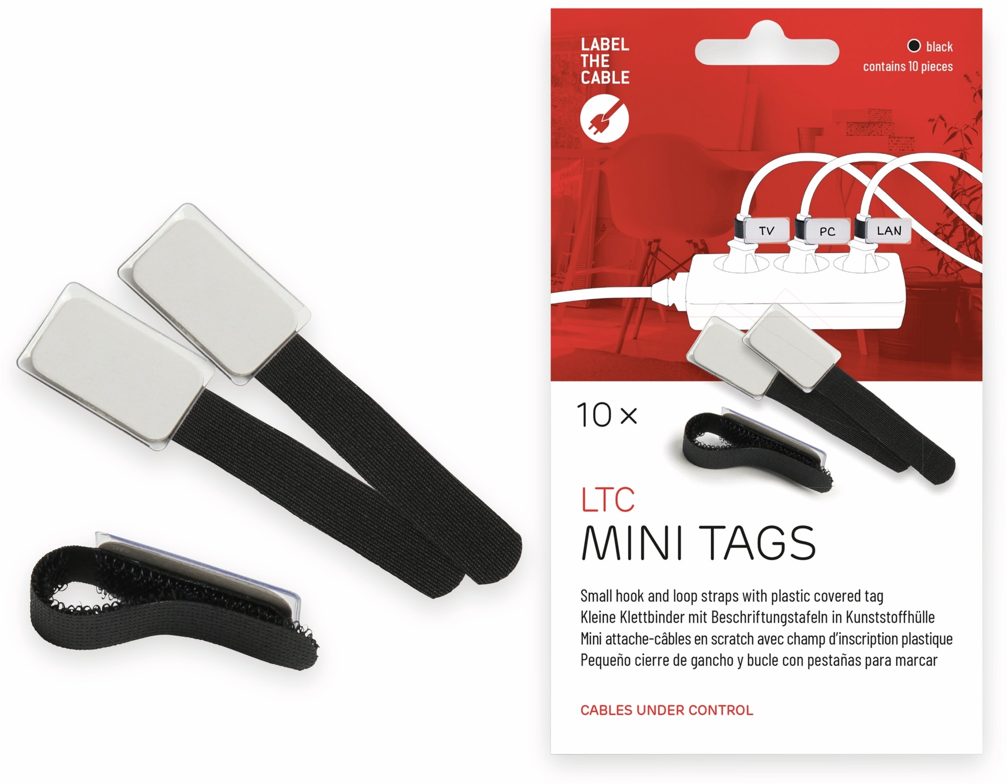 LABEL THE CABLE LTC Klett-Kabelbinder MINI TAGS, 10 Stück, schwarz