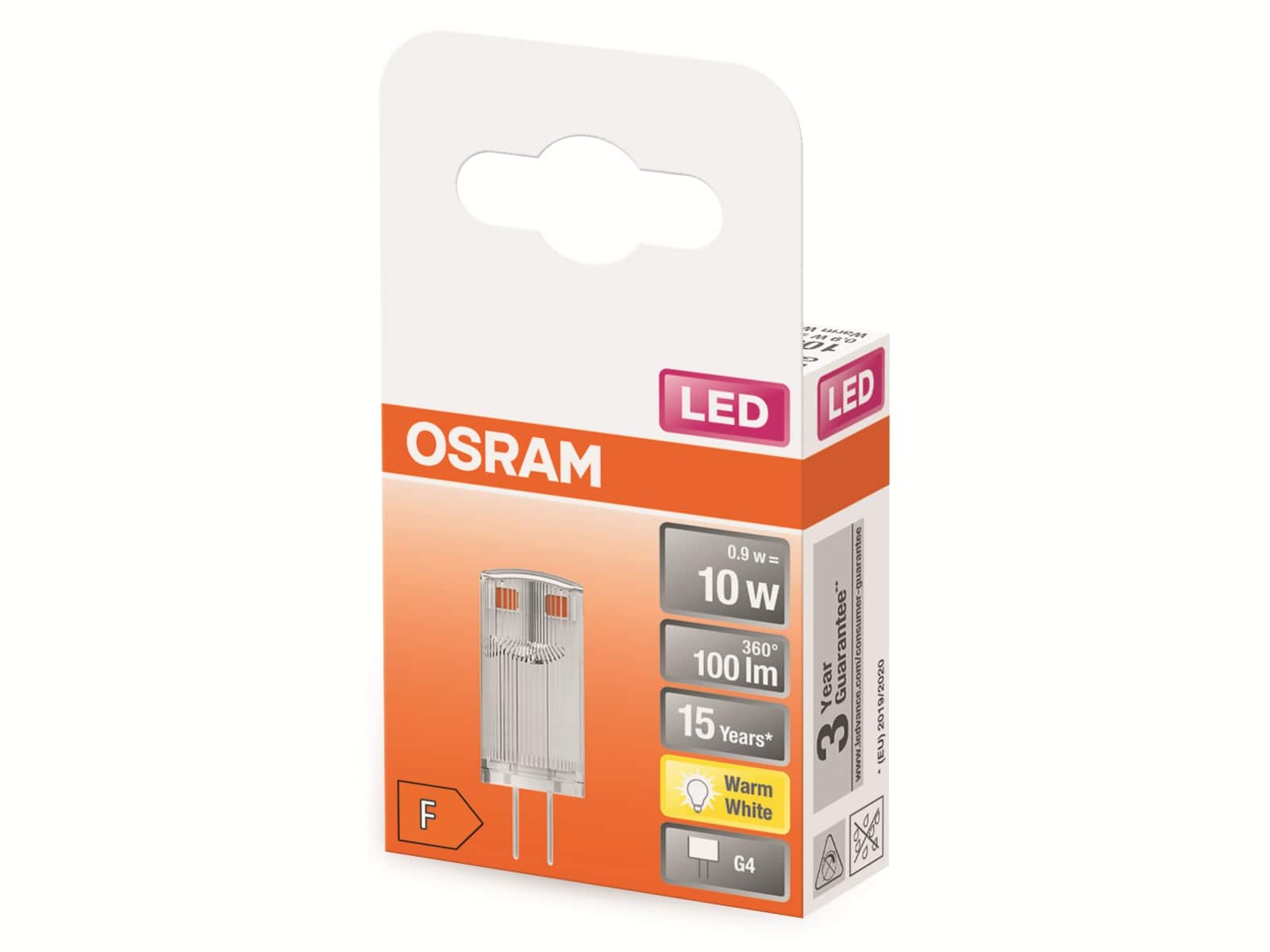 OSRAM LED-Stiftsockellampe, PIN10, G4, EEK: F, 0,9W, 100lm, 2700K