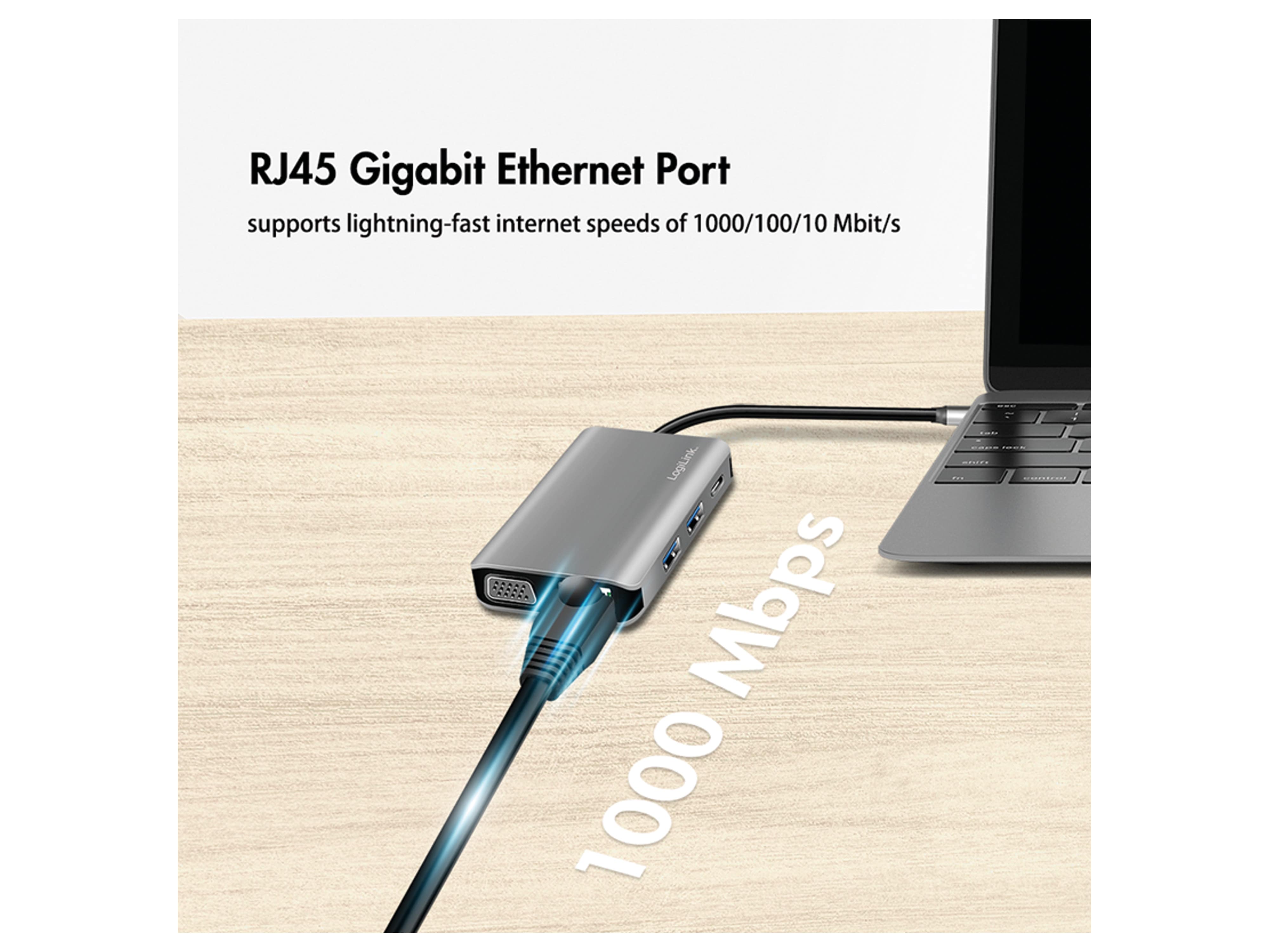 LOGILINK USB 3.2 Dockingstation UA0410, Gen1, 7-Port, USB-C PD, Anthrazit
