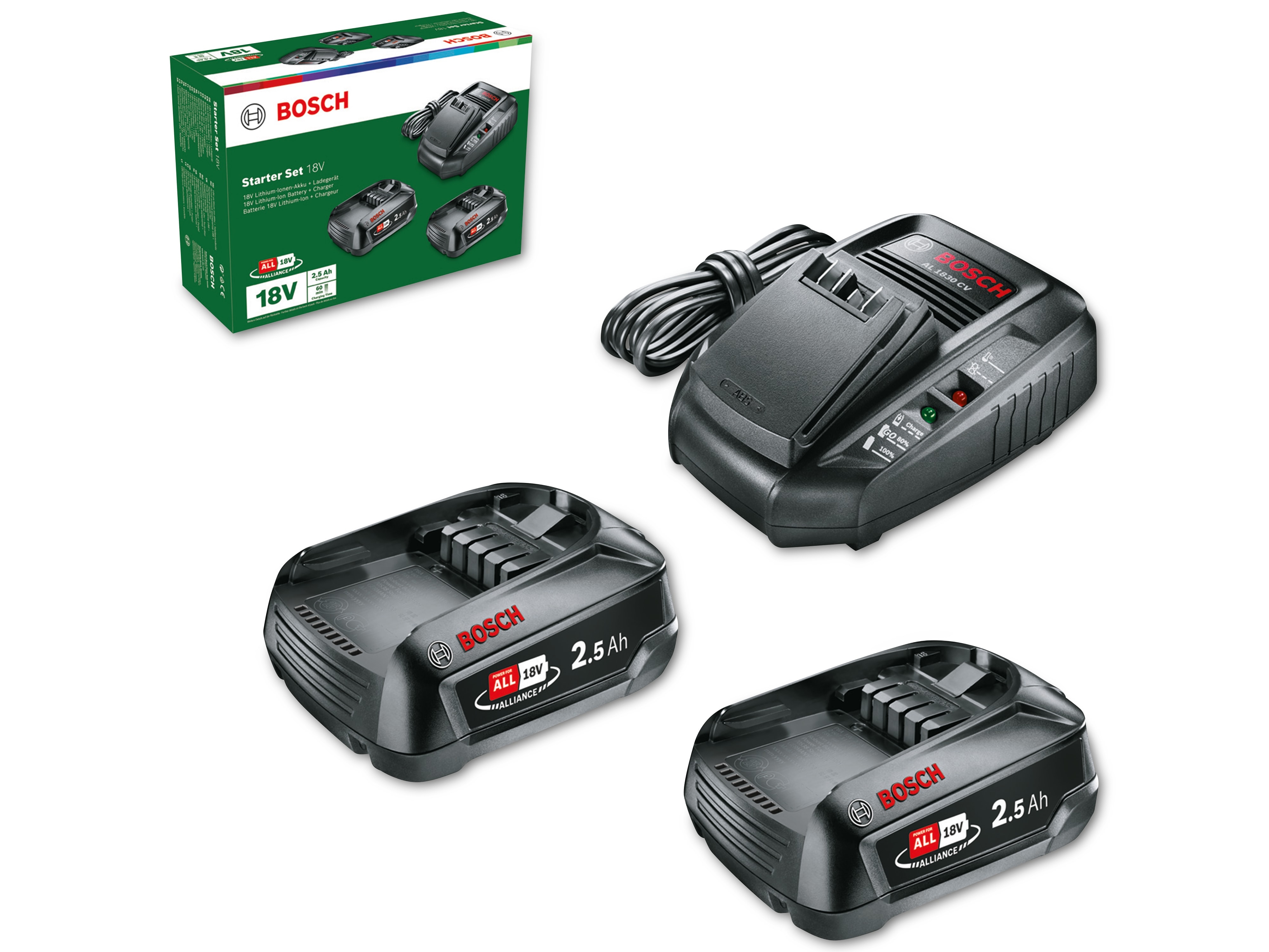 BOSCH Starter-Set, 18V, Ladegerät AL 1830 CV, 2x Akku 2500mAh