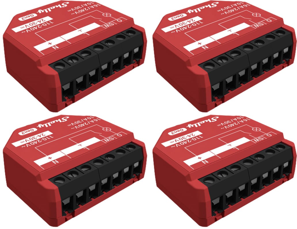 SHELLY Smart-Schalter 1PM Gen3, Relais, Unterputz, 1 Kanal, max. 16 A, WLAN, Bluetooth, 4 Stück