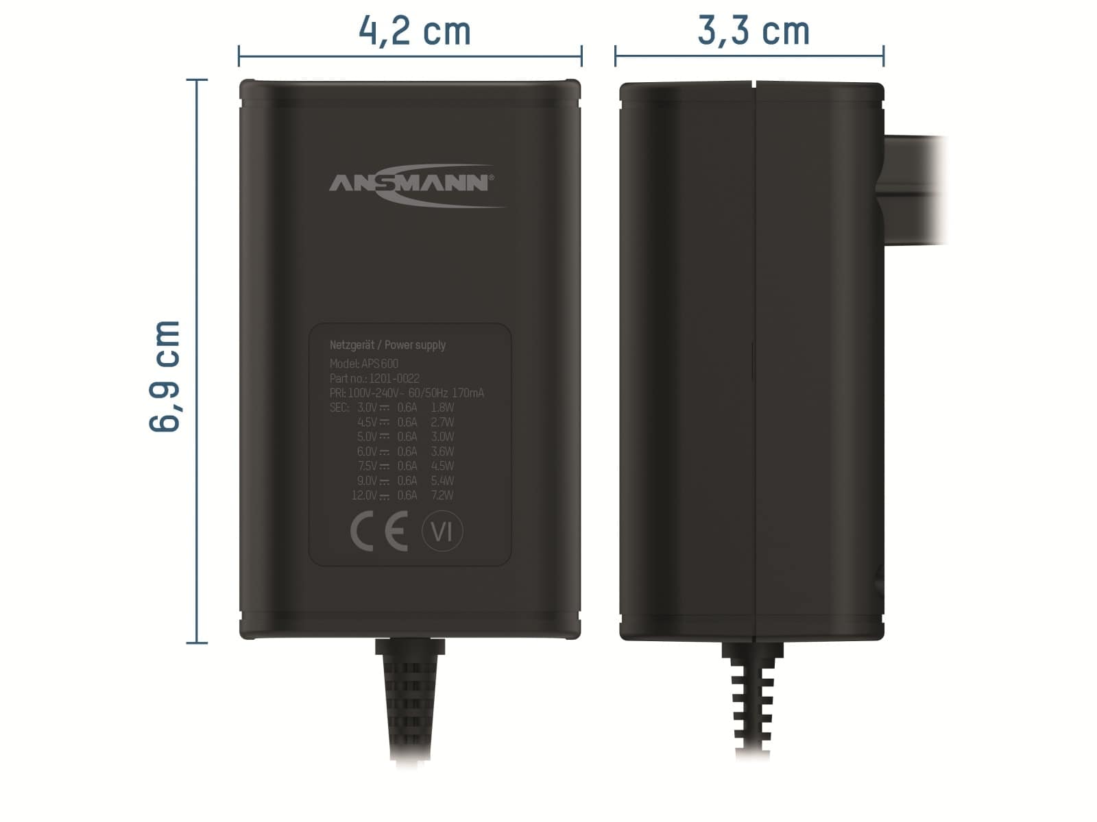 ANSMANN Universal-Netzteil APS 600, 7,2W, Ladestrom max. 0,6A, 3-12V-