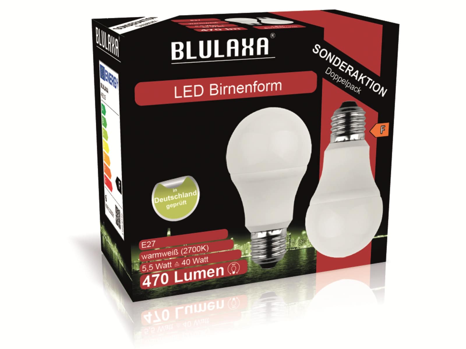 BLULAXA LED-SMD-Lampe, A60, E27, EEK: F, 5,5 W, 470 lm, 2700 K, 2 Stk