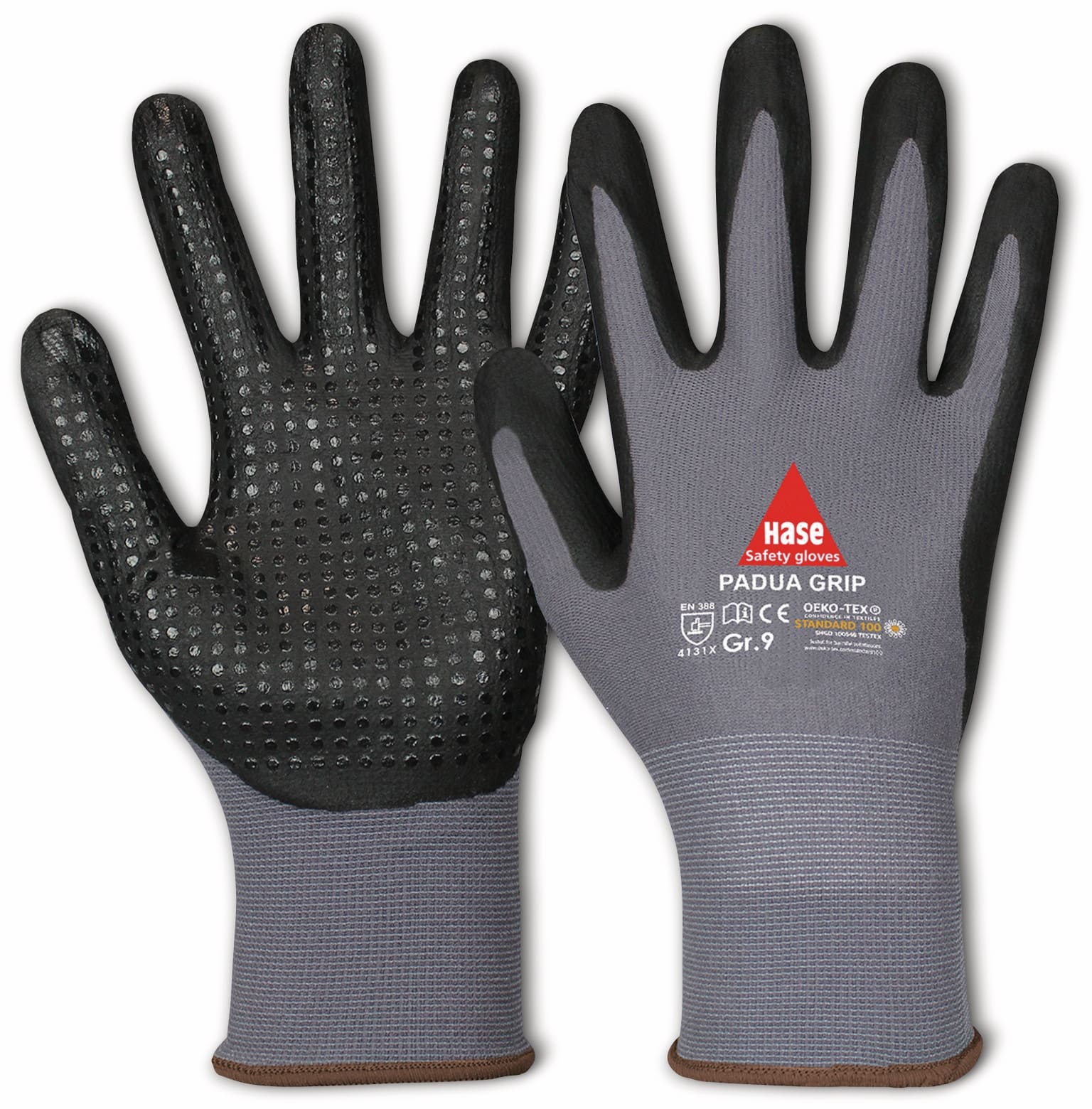 HASE SAFETY GLOVES Arbeitshandschuhe mit Noppen, Padua Grip, EN 388, EN 420, Größe 6, grau/schwarz