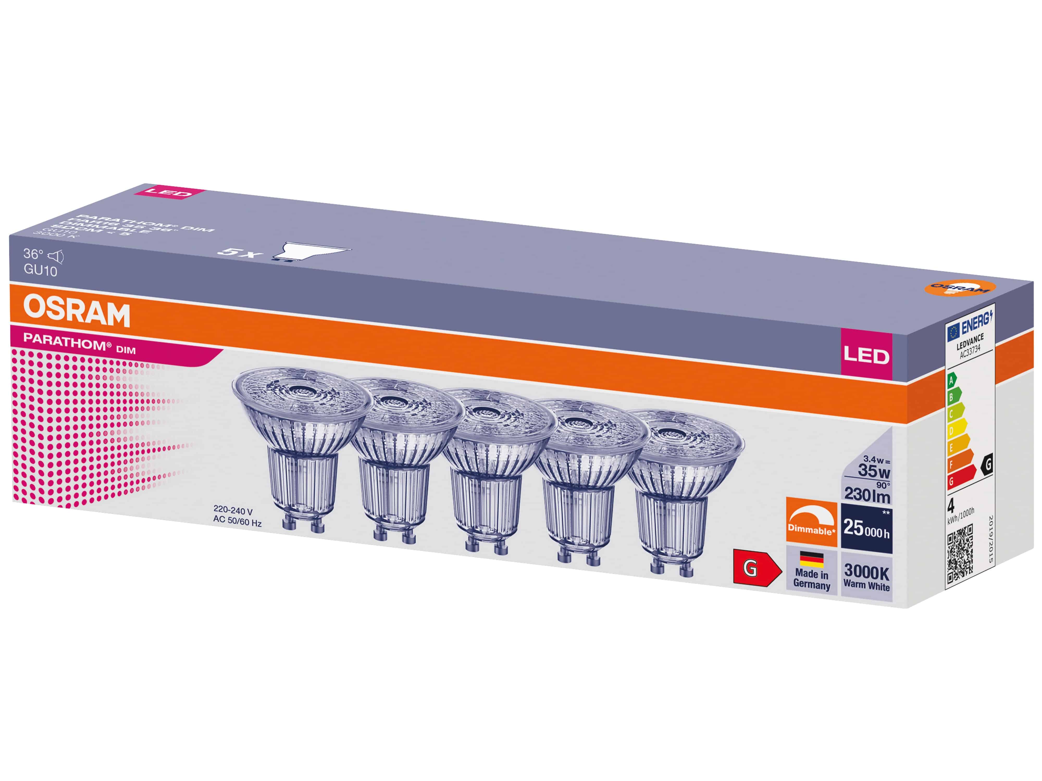 OSRAM LED-Reflektorlampe PARATHOM DIM, PAR16, GU10, EEK: G, 3,4 W, 230 lm, 3000 K, 5 Stück