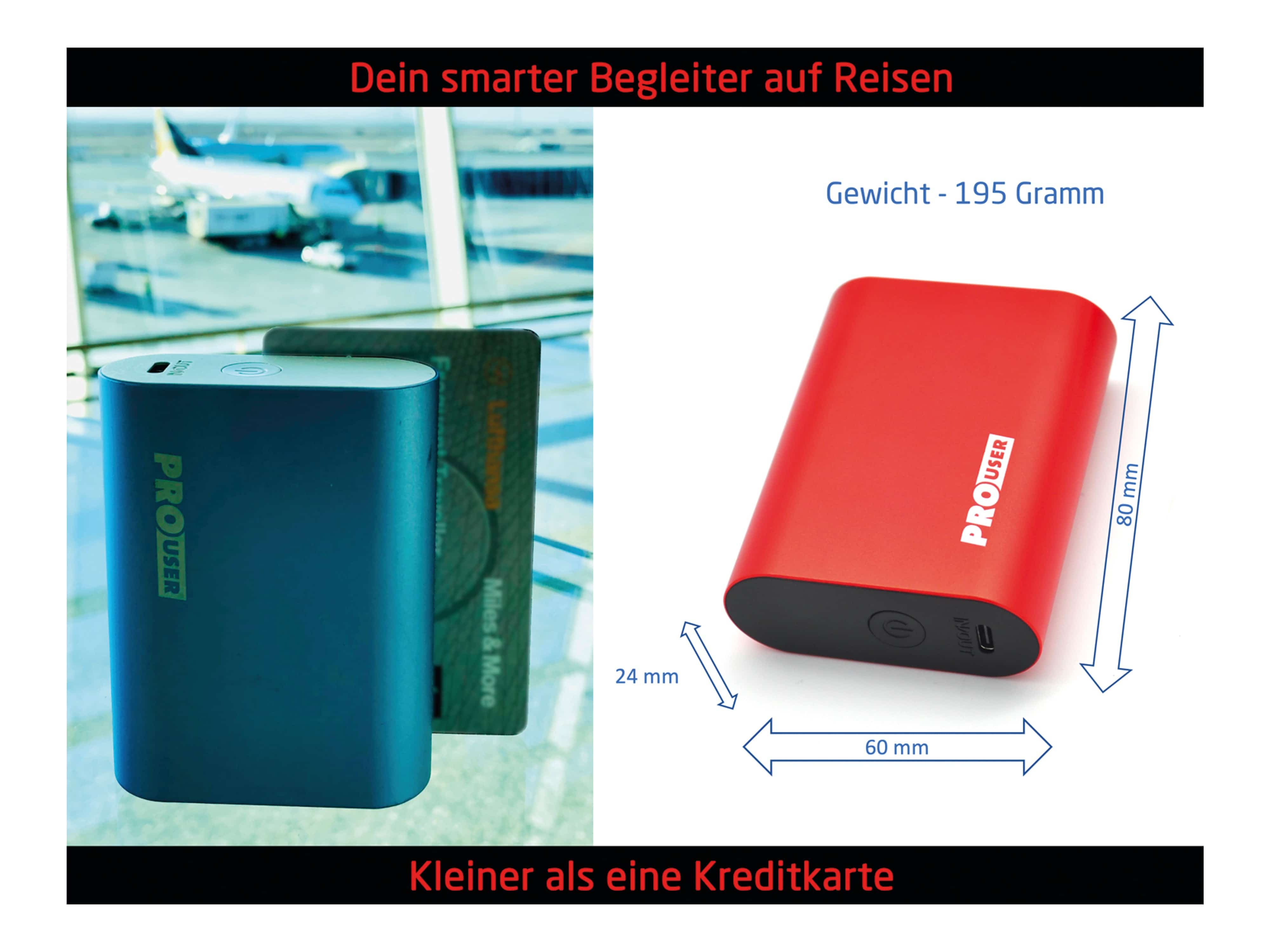 PROUSER USB Powerbank 20160, 10.000mAh, Li-Ionen, 21700 Cell, rot