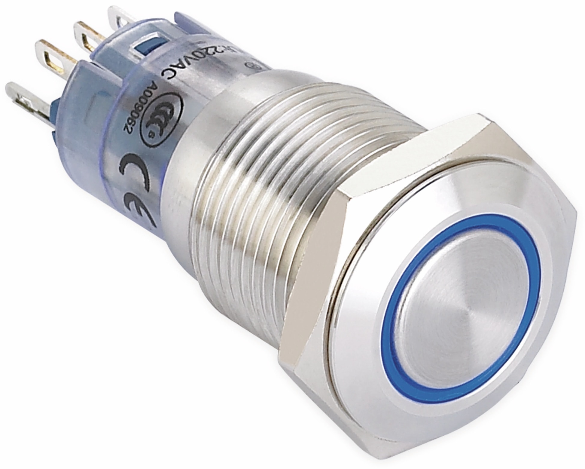 ONPOW Schalter, 24 V/DC, 1x Off/On, Beleuchtung blau, Lötanschluss, flach rund, Edelstahl, 16 mm