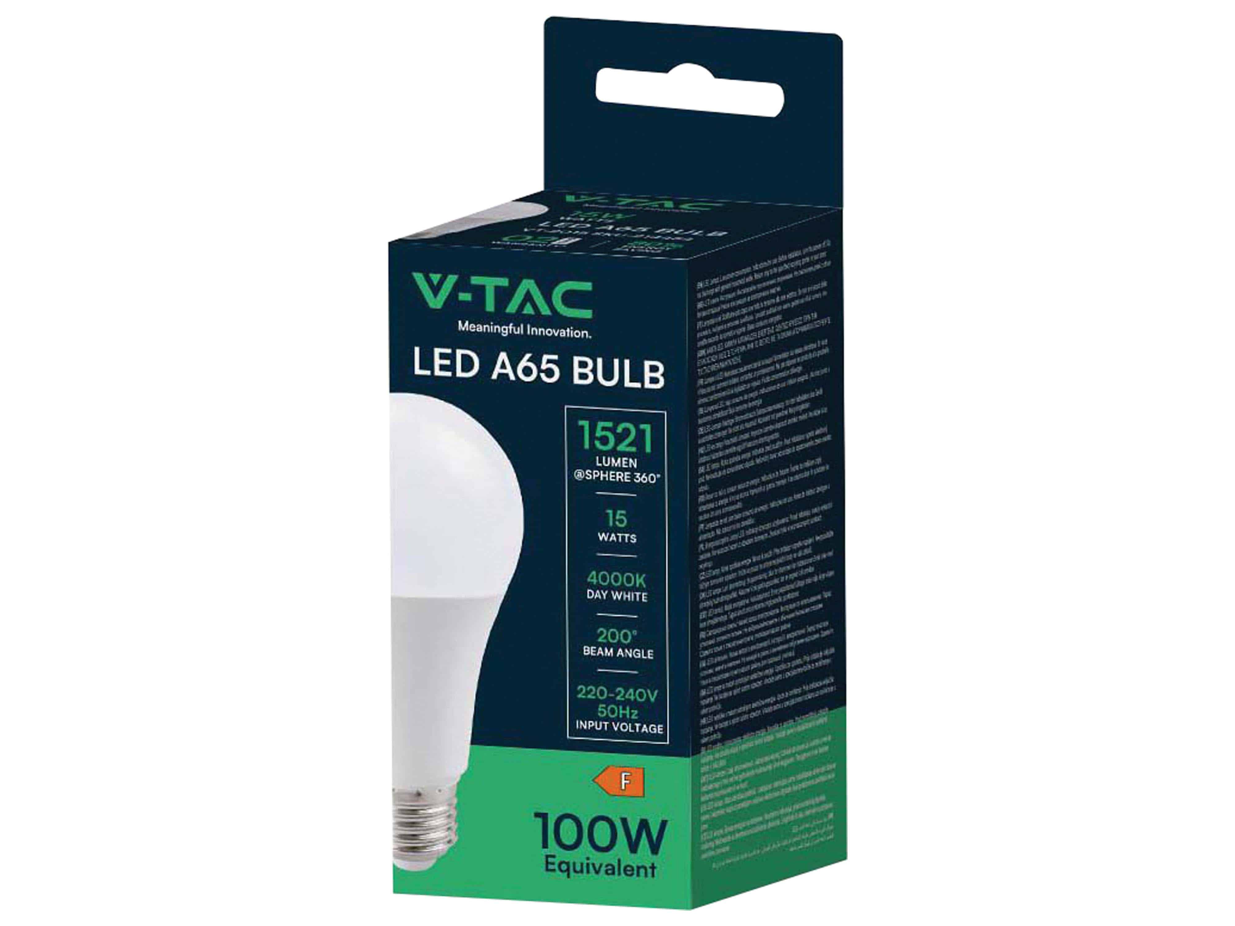 V-TAC LED-Lampe, Tropfenform, E27, EEK: F, 15W, 1521lm, 4000K, 10 Stück