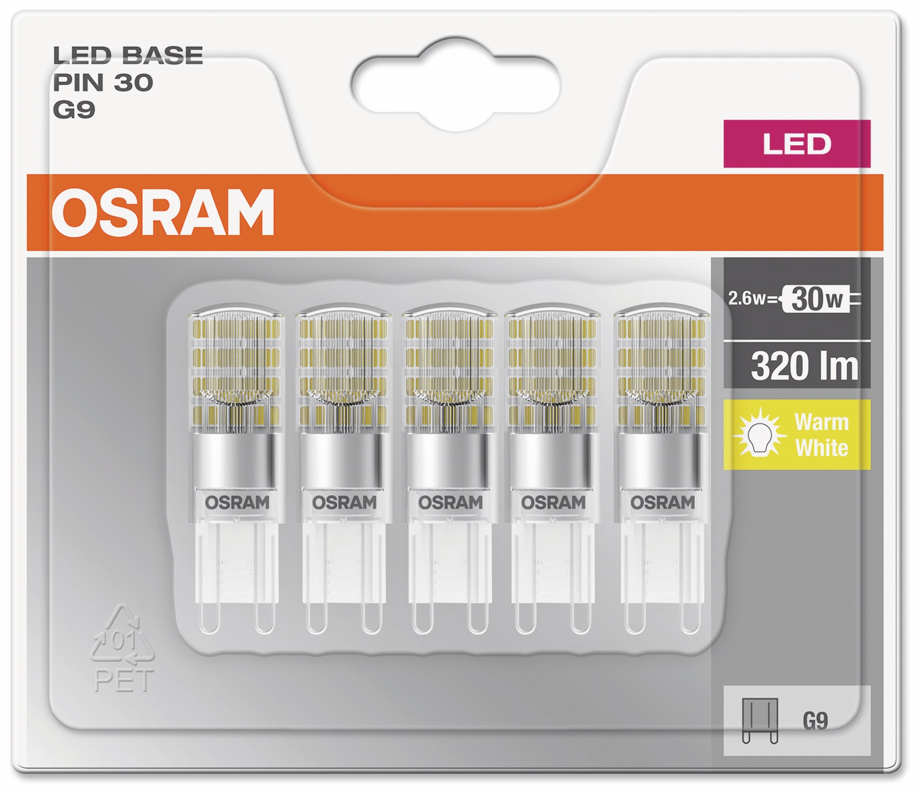 Osram LED-Lampe G9, EEK: A++, 2,6 W, 320 lm, 2700 K, 5 Stück