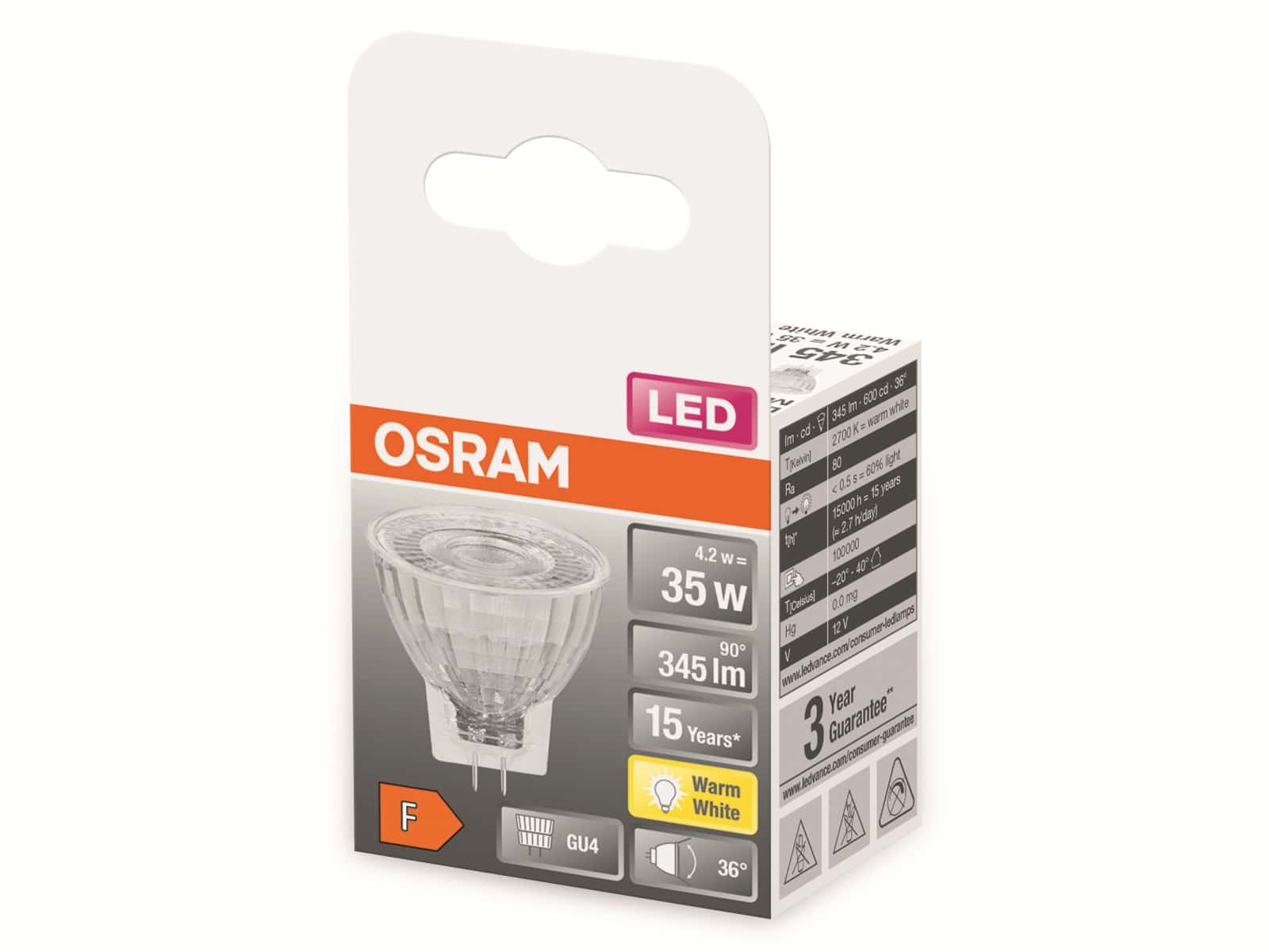 OSRAM LED-Lampe, MR11, GU4, EEK: F, 4,2W, 345lm, 2700K