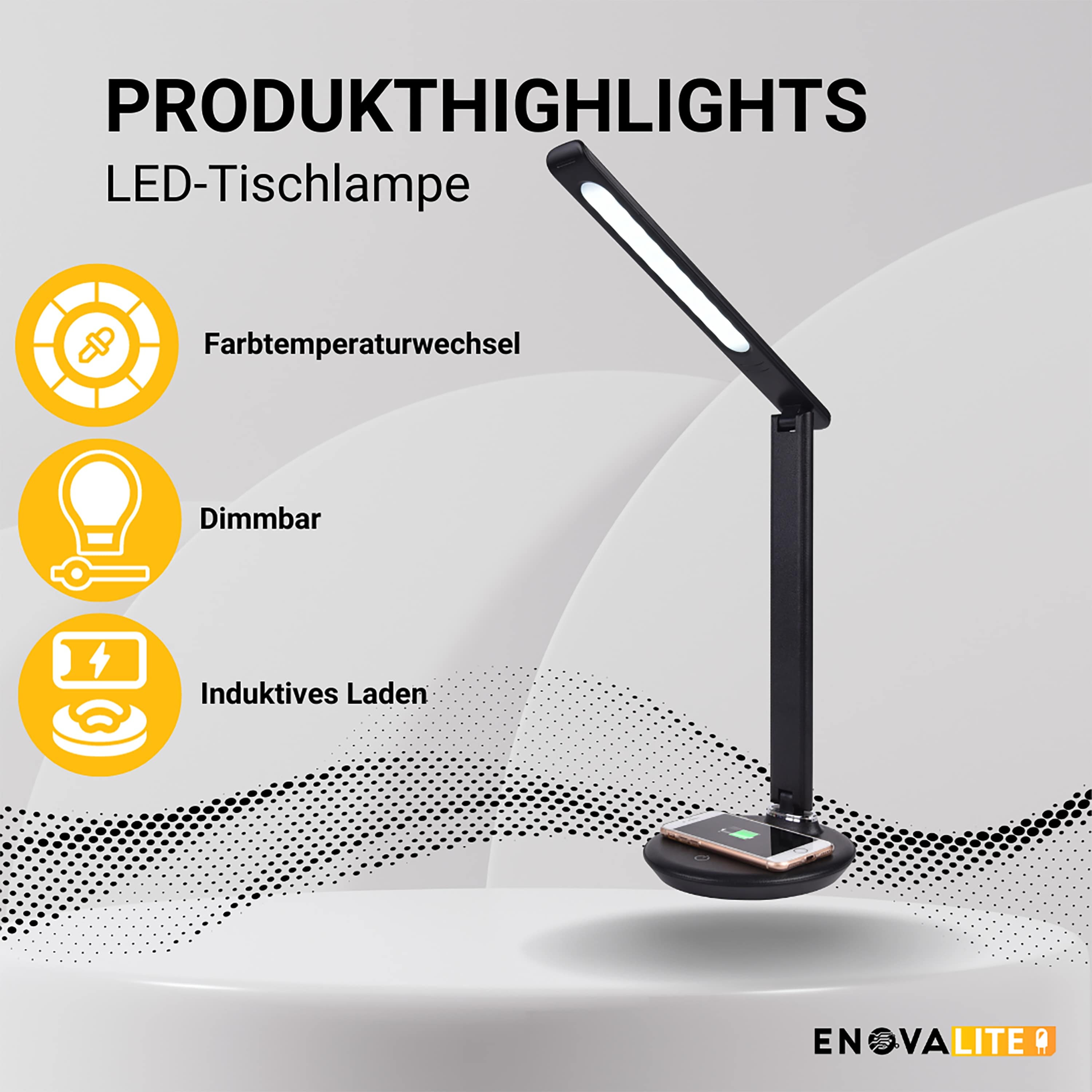 ENOVALITE LED-Tischleuchte ELED700150, Ladestation, dimmbar, CCT, 7W, schwarz