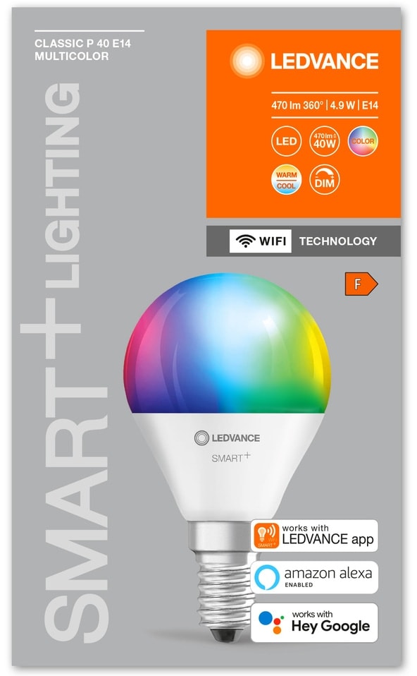 LEDVANCE LED-Lampe SMART+ WiFi Mini bulb, P46, E14, EEK: F, 4,9 W, 470 lm, 2700…6500 K, RGBW, Smart