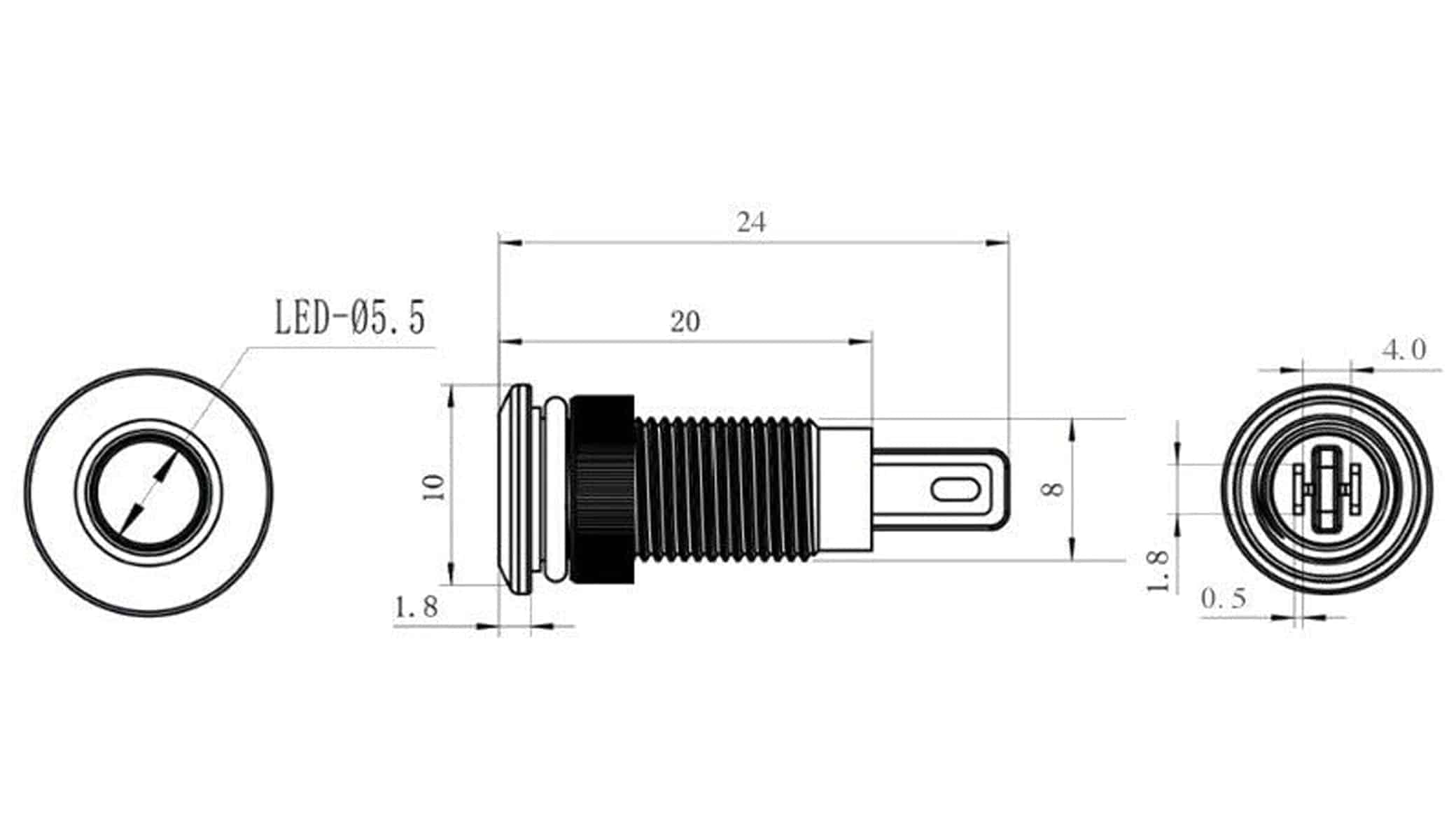 LED-Kontrollleuchte, Signalleuchte 12 V, Rot, Ø8 mm, Messing, Tiefe 23 mm