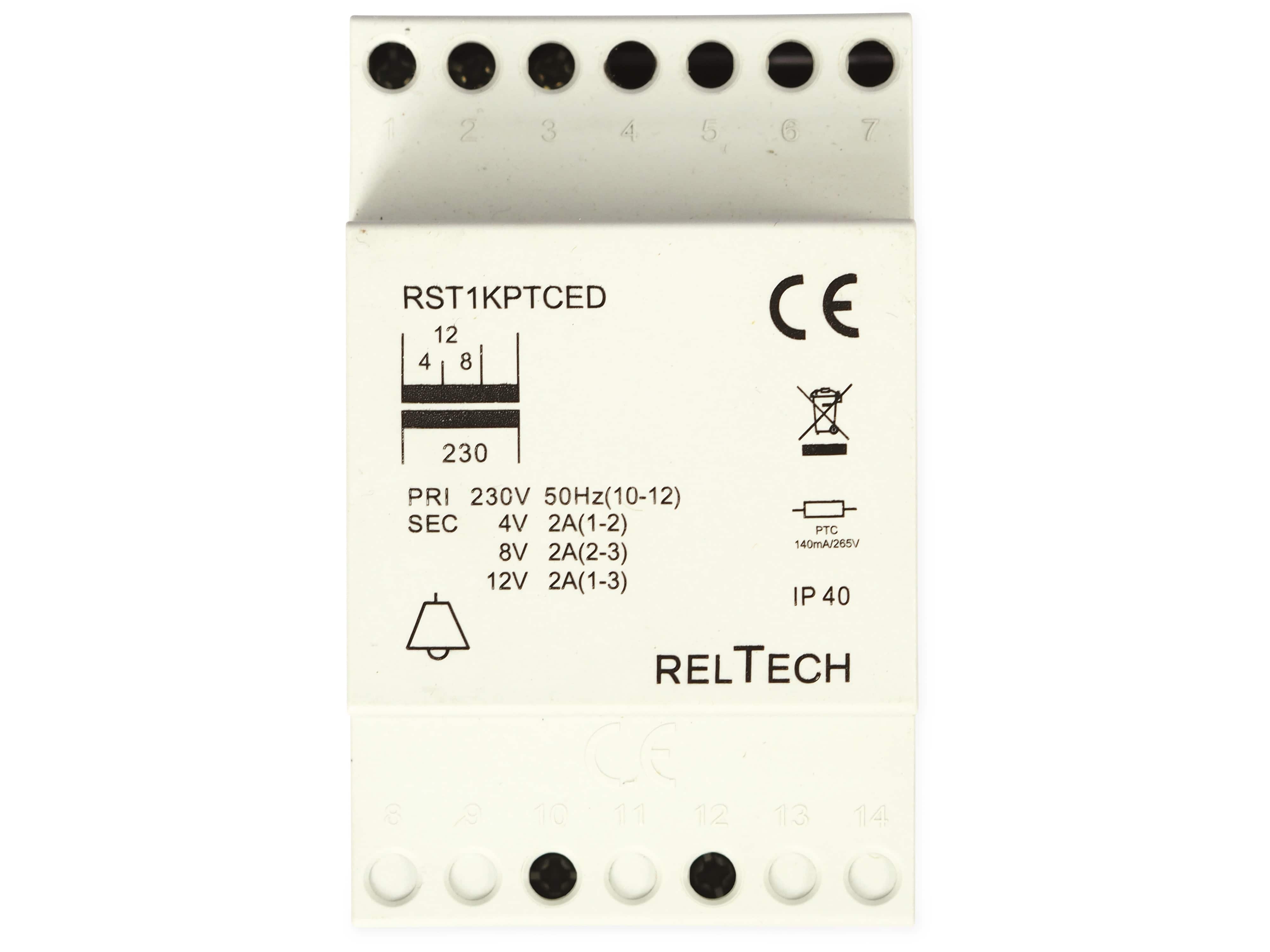 RELTECH Sicherheitstransformator RST1PTCED, 4-8-12V~/2A