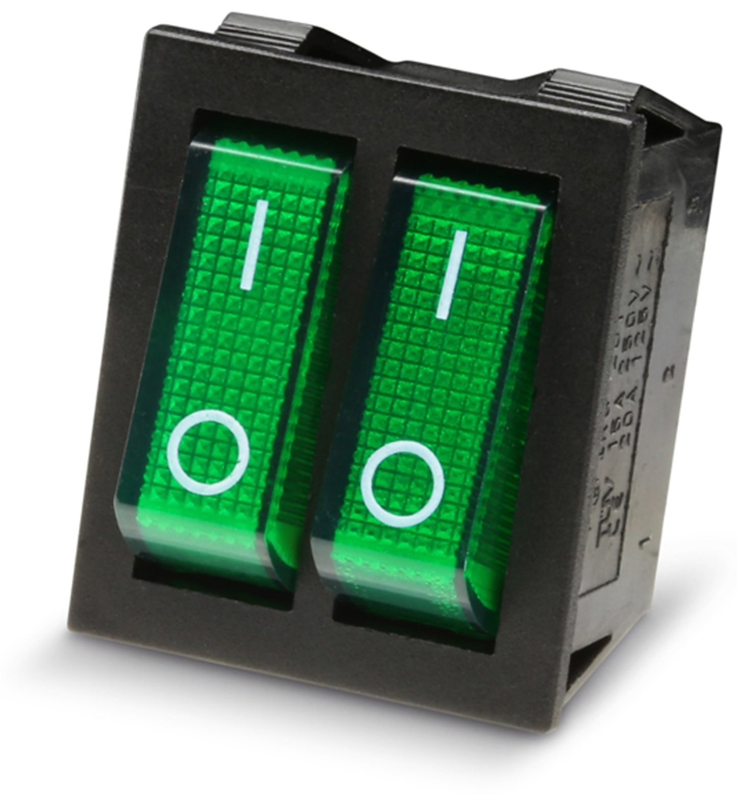 Wippenschalter 2x 1-pol., I-0, grün beleuchtet, 26x22 mm