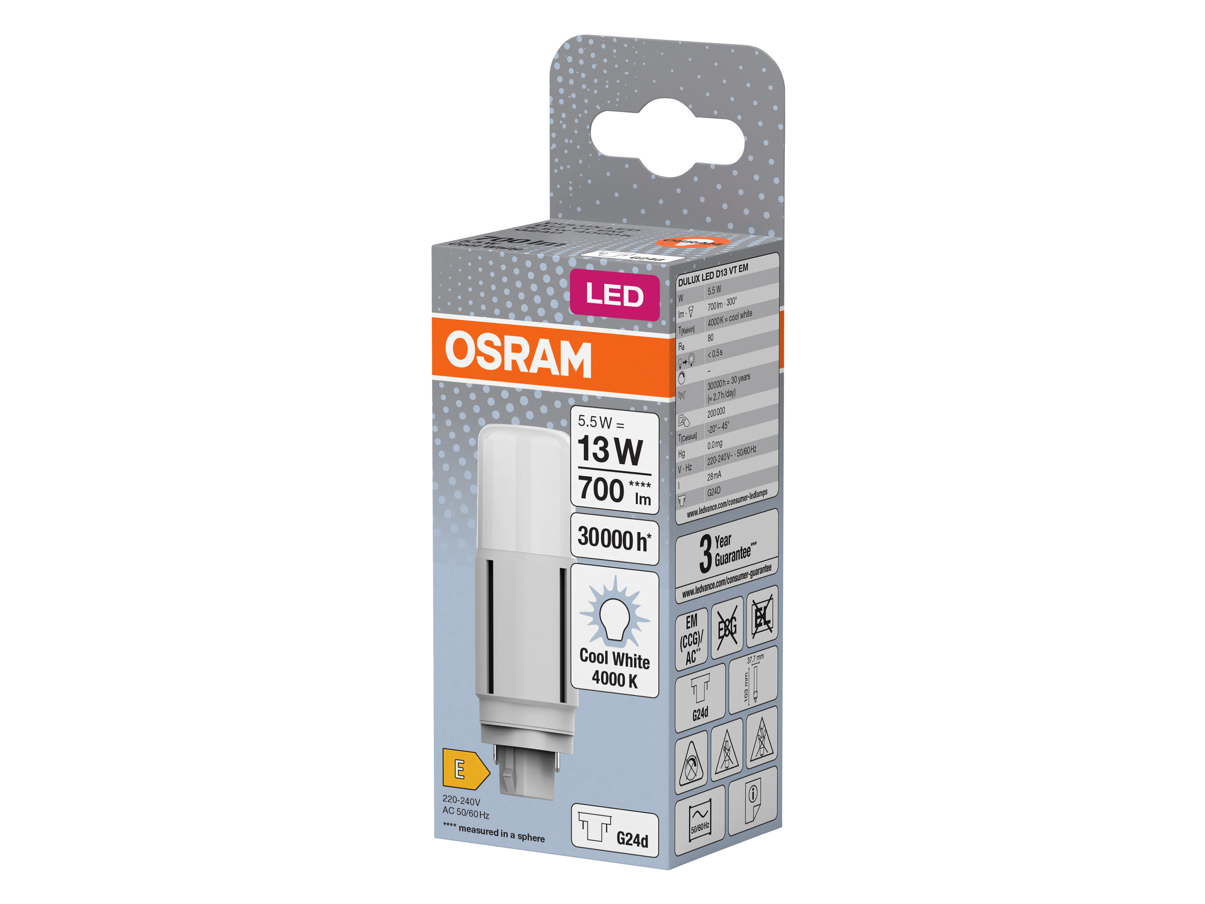 OSRAM LED-Lampe, Dulux D13, G24d, EEK: E, 5,5W, 700lm, 4000K