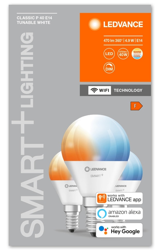 LEDVANCE LED-Lampe SMART+ WiFi Mini bulb, P46, E14, EEK: F, 4,9 W, 470 lm, 2700…6500 K, Smart, 3 St.