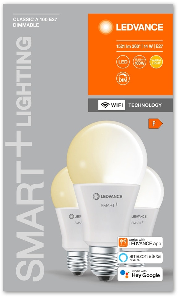 LEDVANCE LED-Lampe SMART+ WiFi Classic, A75, E27, EEK: F, 14 W, 1521 lm, 2700 K, Smart, 3 Stück