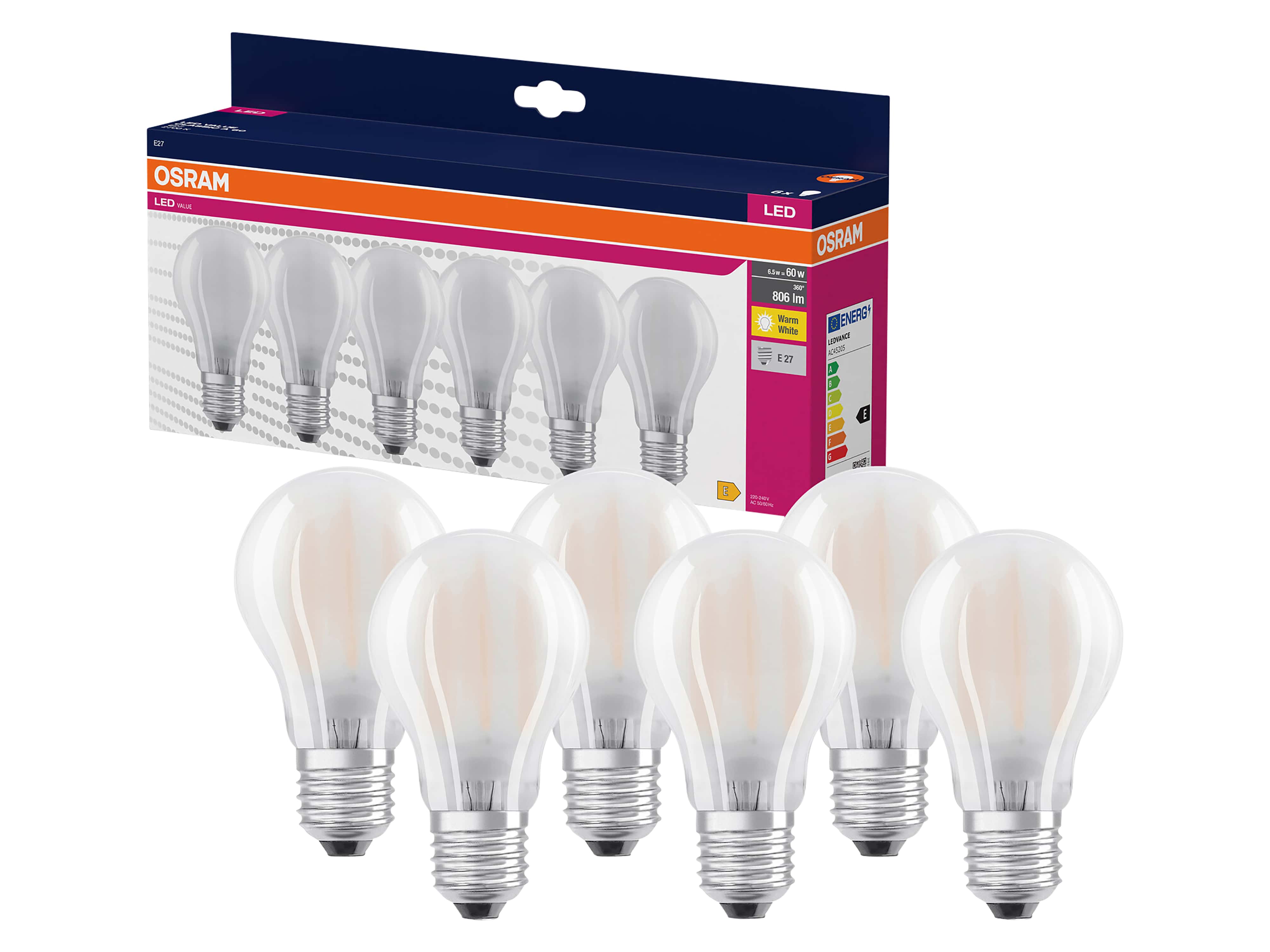 OSRAM LED-Lampe A60 matt, 6 Stück, E27, 6,5 W, 806 lm, 2700 K