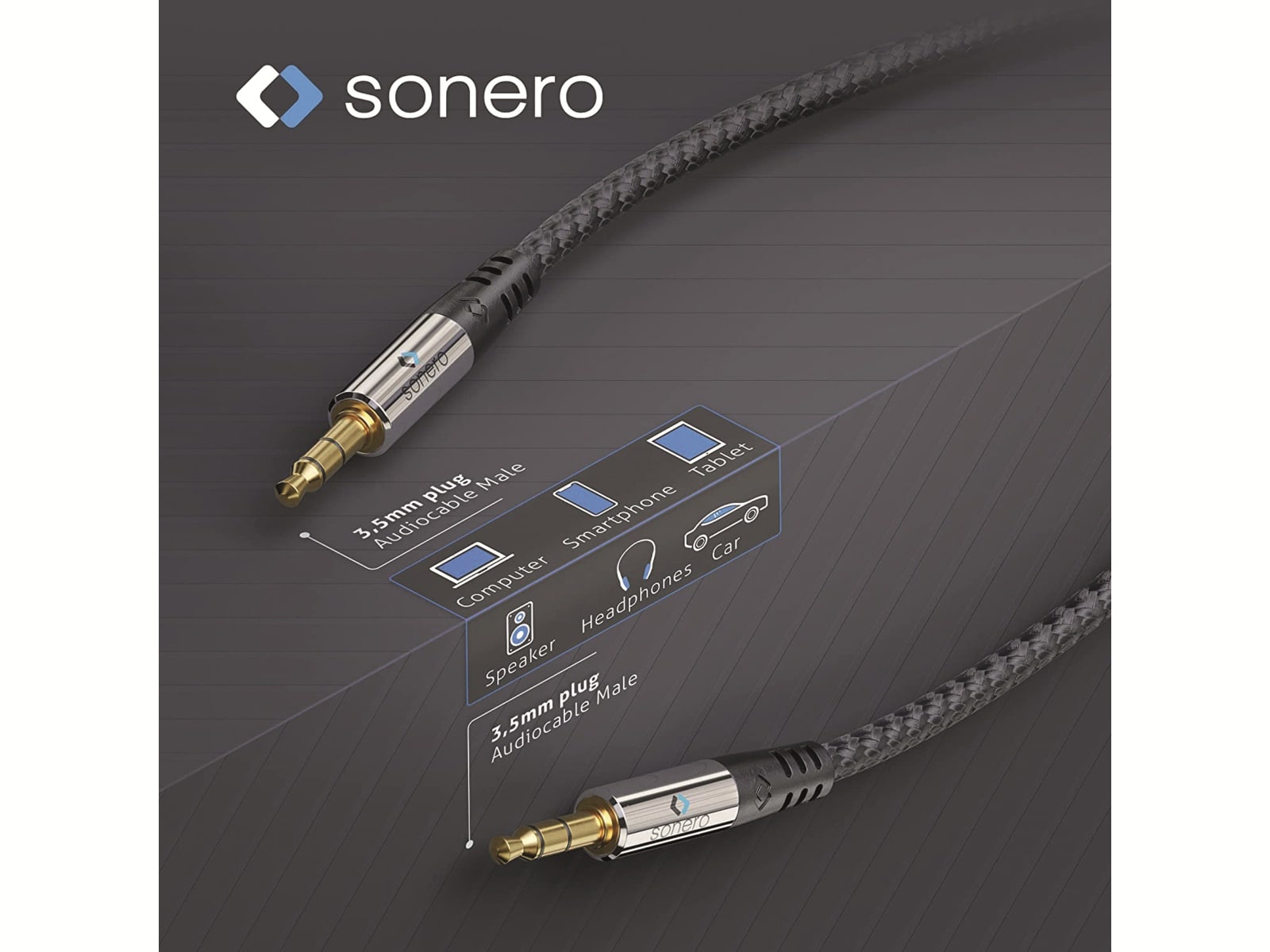 SONERO Klinkenkabel, 3,5 mm, Stereo, 3 m, Nylonmantel. schwarz