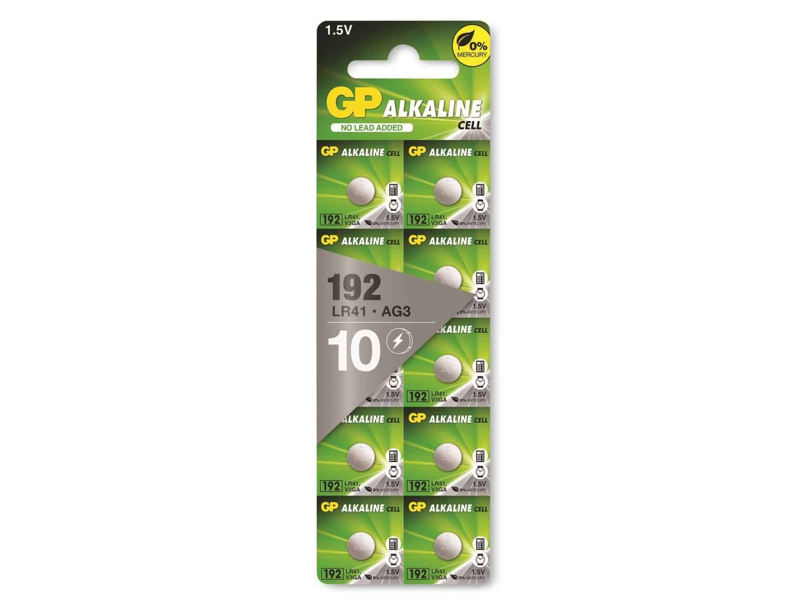 GP Alkaline-Knopfzelle LR41 V3GA, 1,5V, 10 Stück