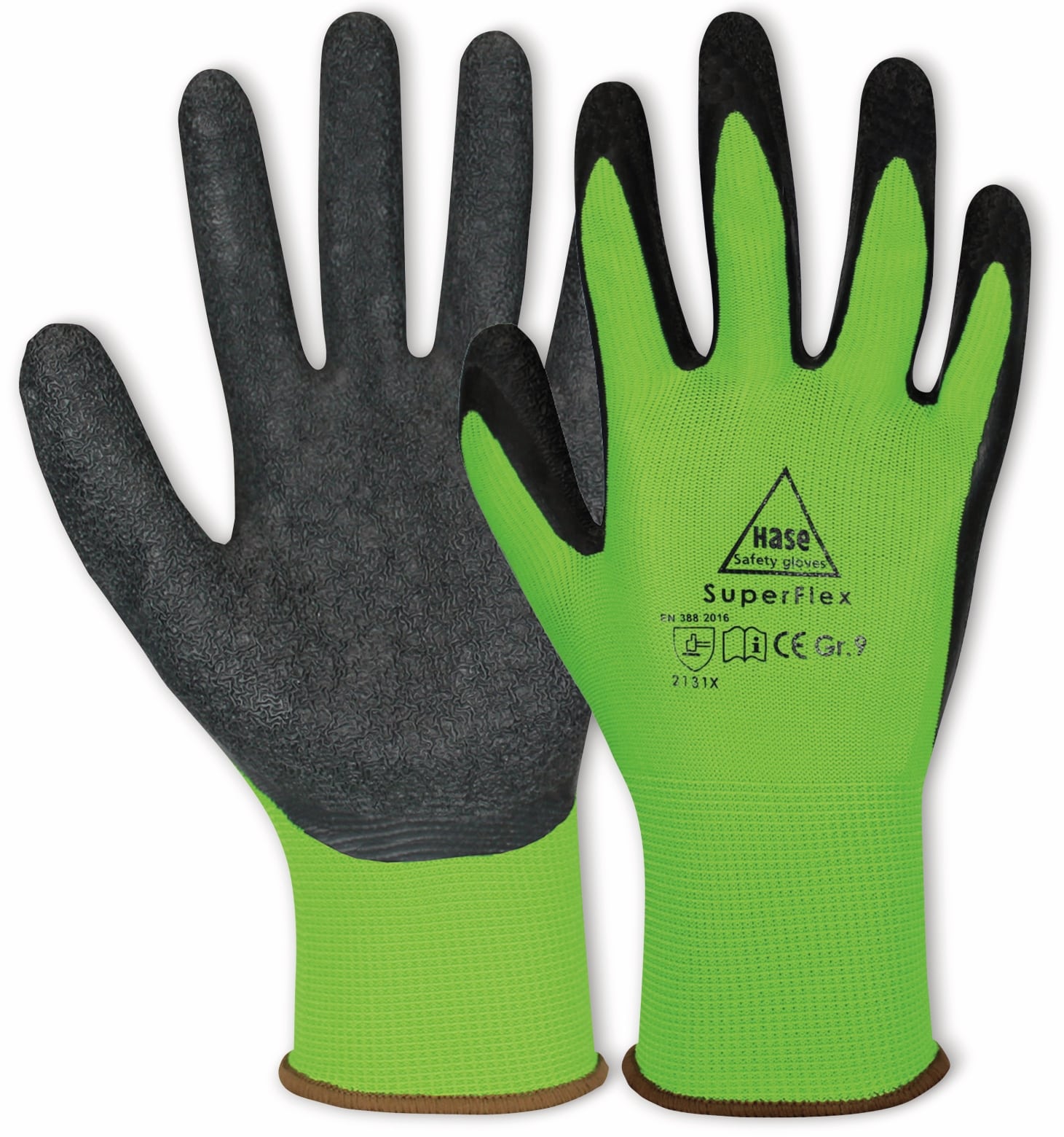 HASE SAFETY GLOVES Latex-Arbeitshandschuhe Superflex, EN 388, EN 420, Größe 6, grün/schwarz