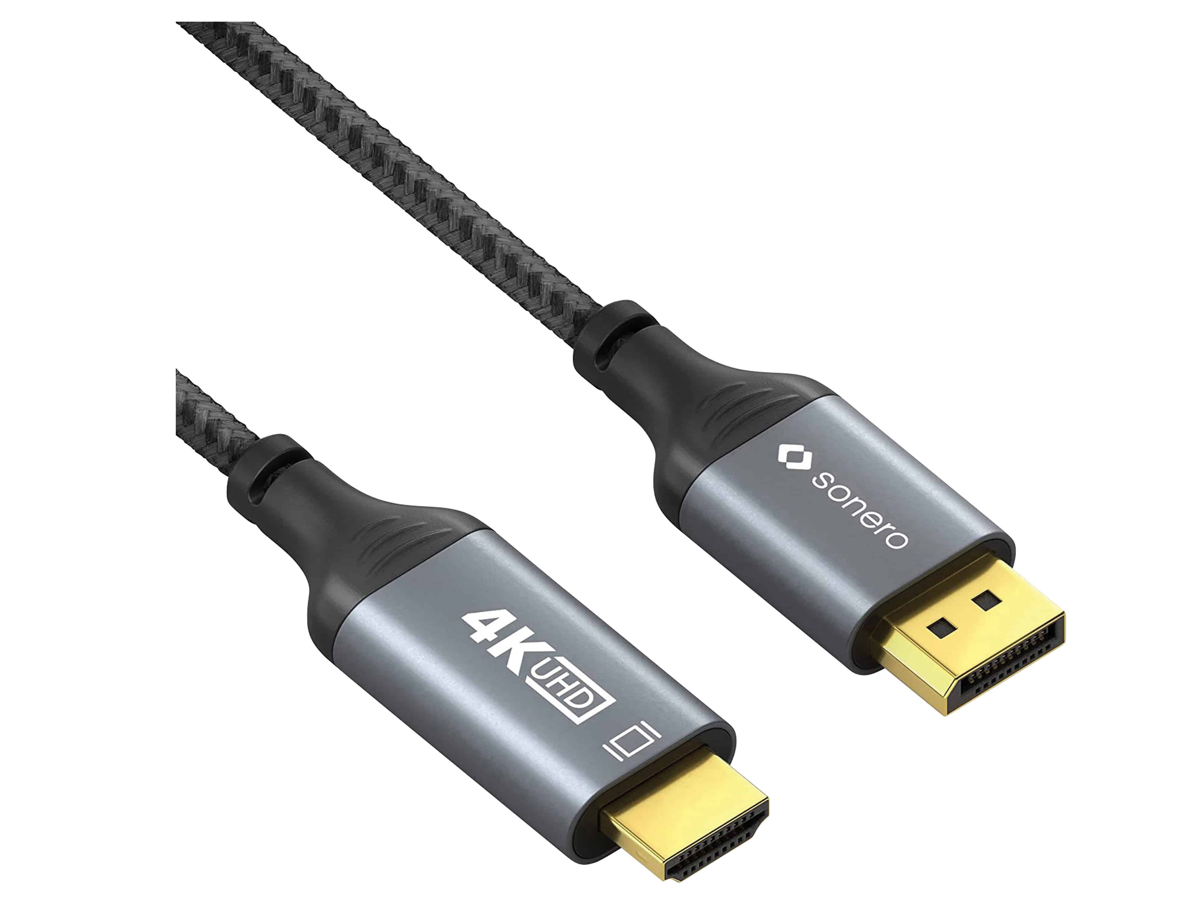 SONERO DisplayPort-Kabel, DP/HDMI, Stecker/Stecker, 4K60, grau/schwarz, 3 m