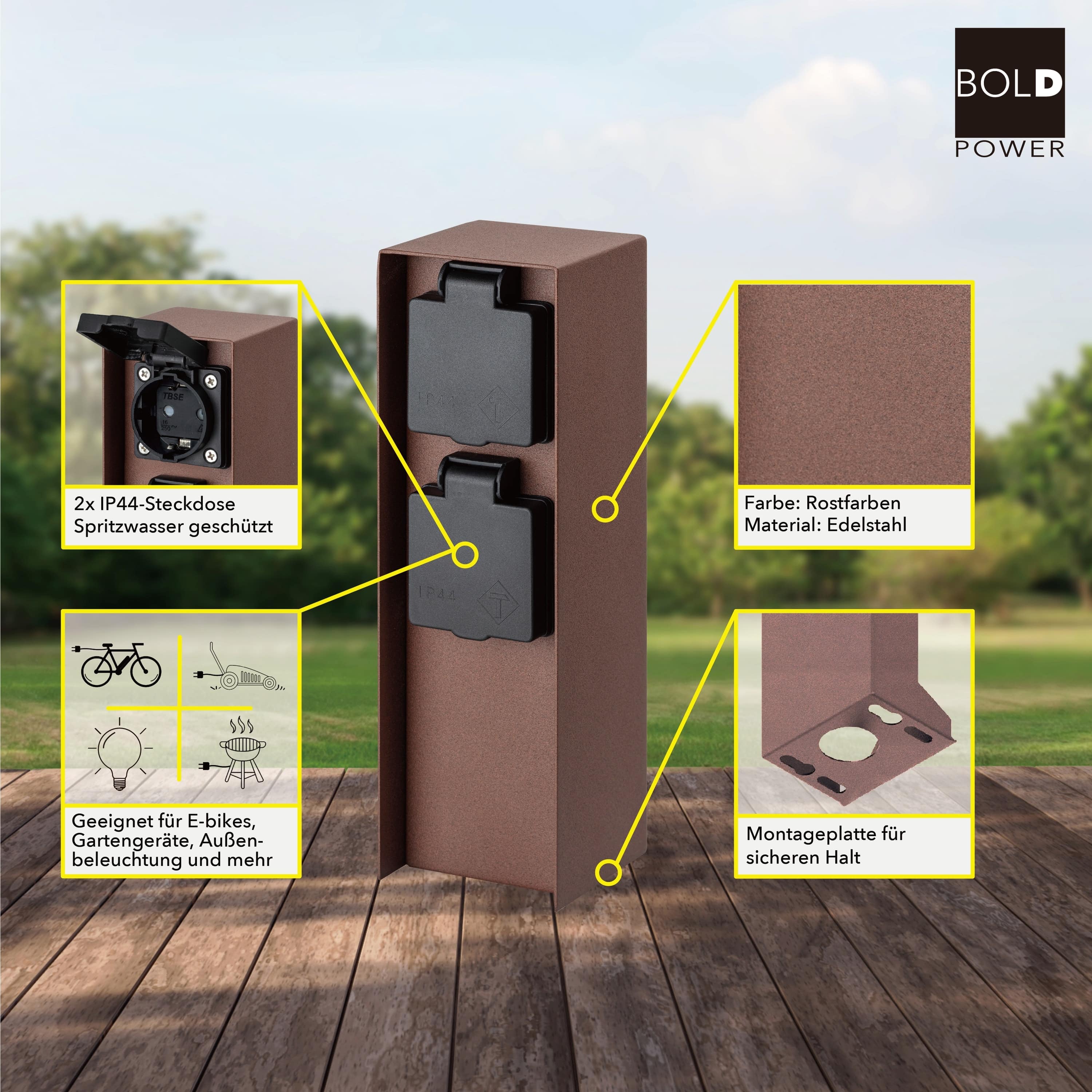 BOLD POWER Steckdosensäule Orio 10818, 2-fach, IP44, Rostfarben