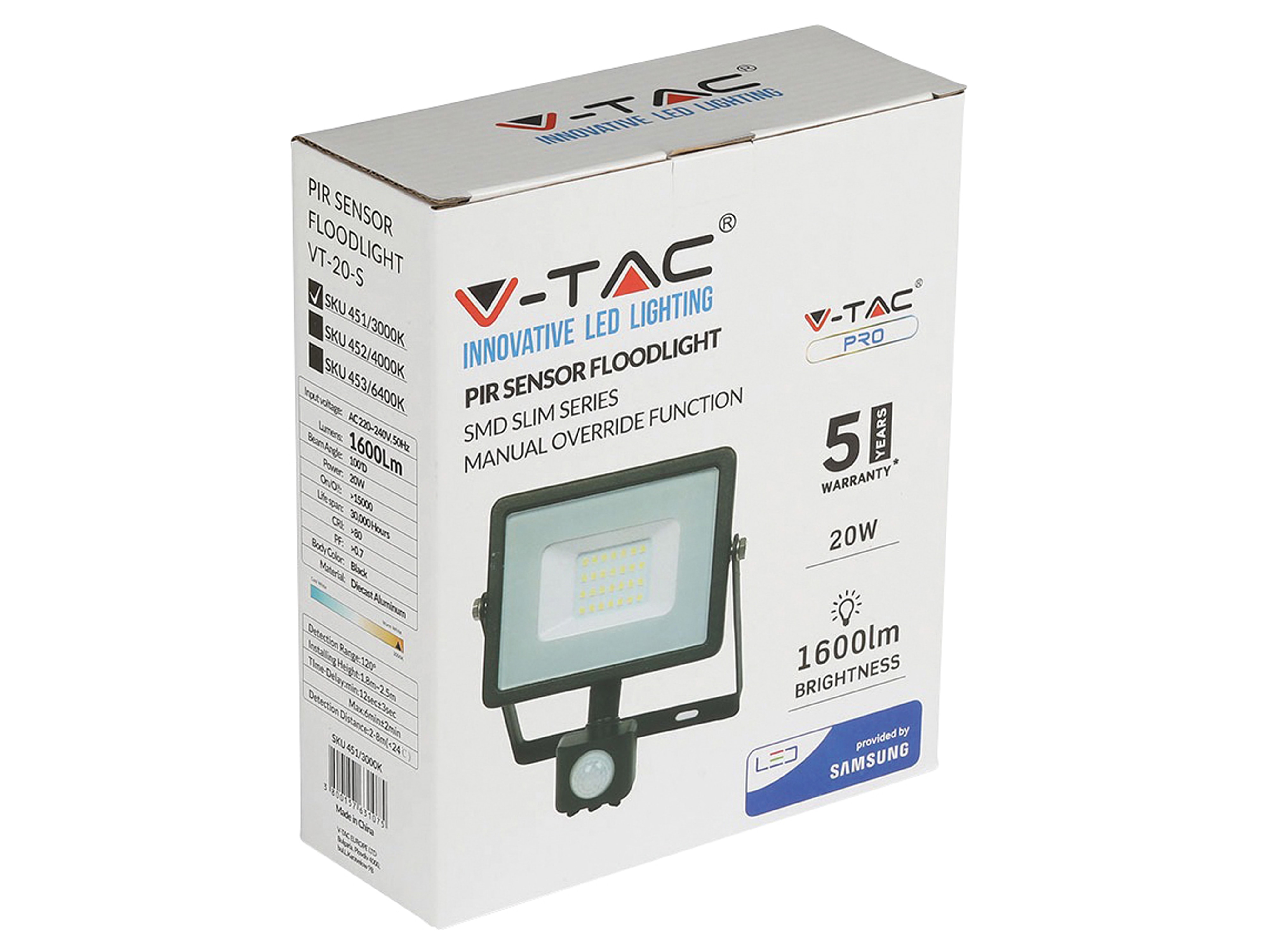 V-TAC LED-Fluter mit Bewegungsmelder VT-20-S-B, EEK: F, 20 W, 1600lm, 3000 K, schwarz