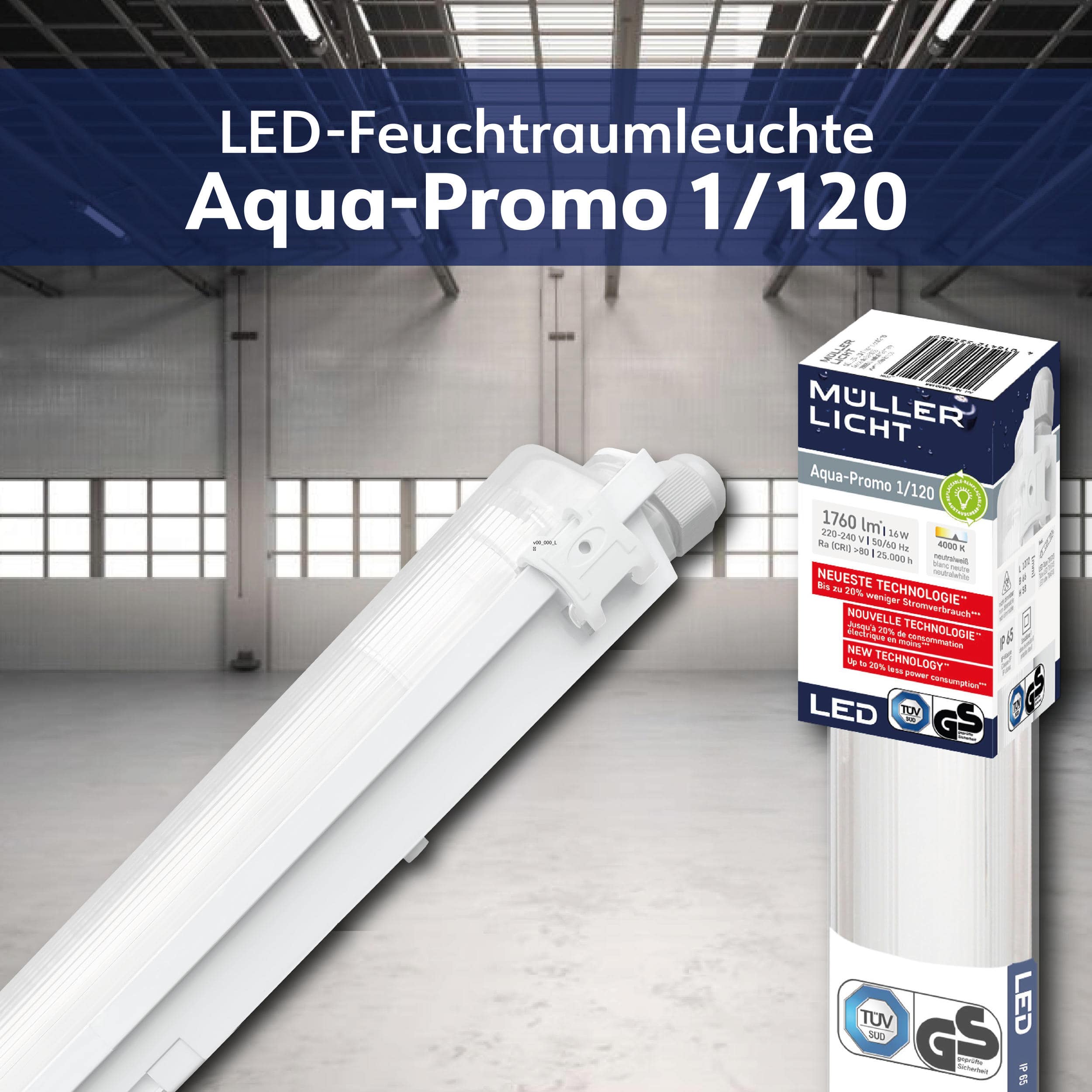 MÜLLER-LICHT LED-Feuchtraum-Wannenleuchte AQUA-PROMO 1/120, 18 W, 1900 lm, 4000 K, 1272 mm