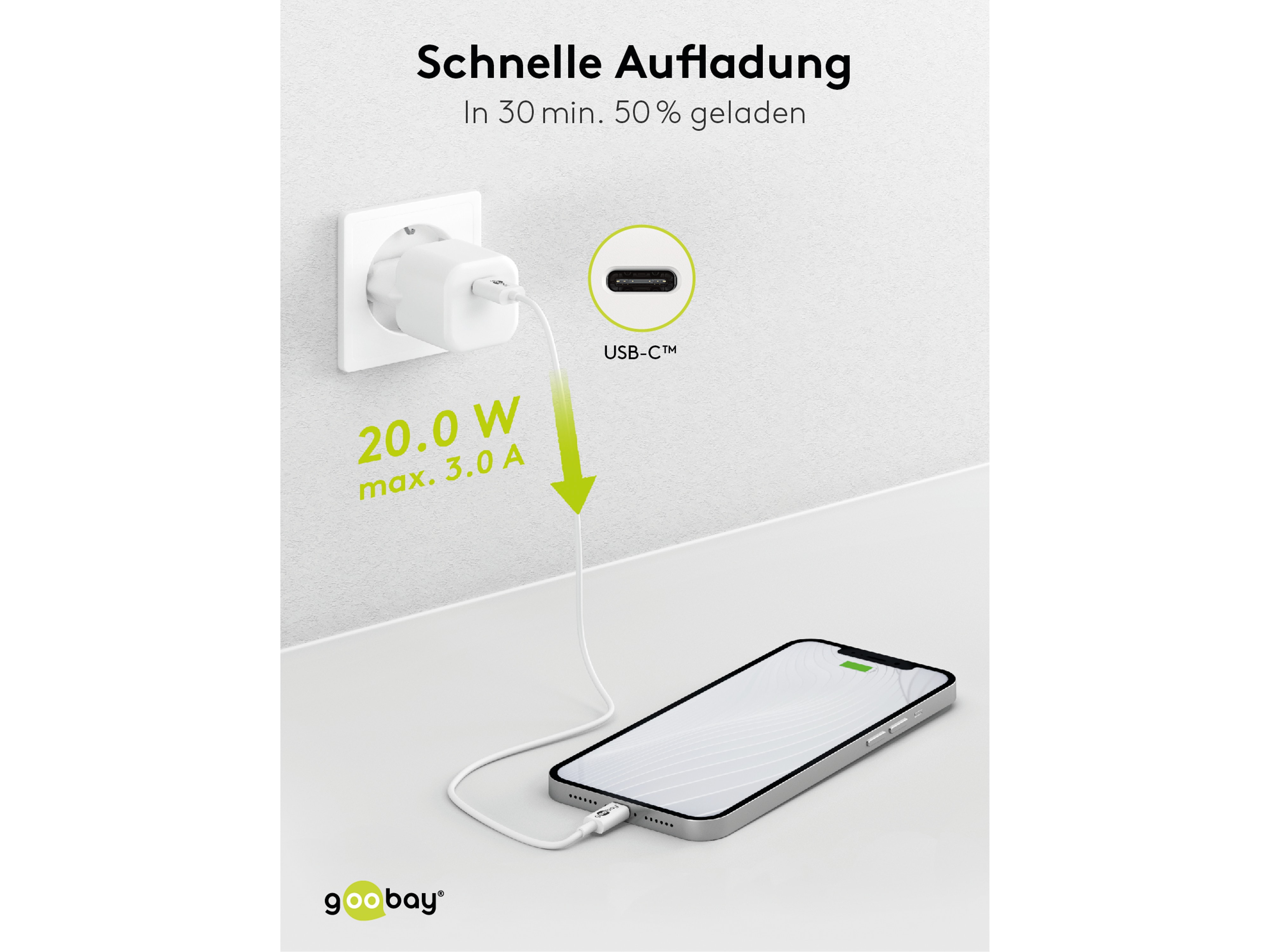 GOOBAY USB-Lader USB-C, 20W, Schnellladefunktion, weiß