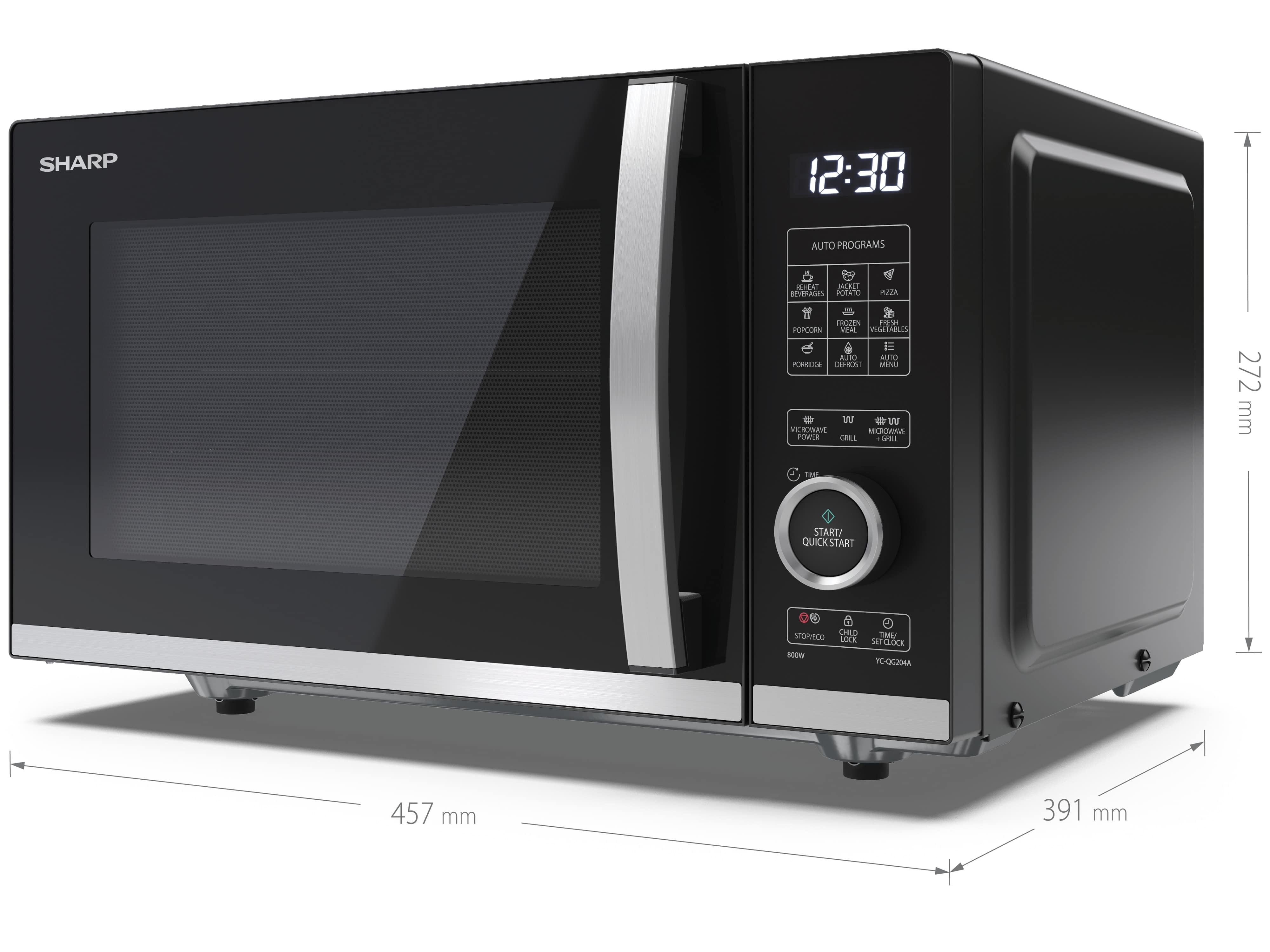 SHARP Mikrowelle YC-QG204AE-B, schwarz, mit Grill, 20 L, 10-Stufen, 800 W