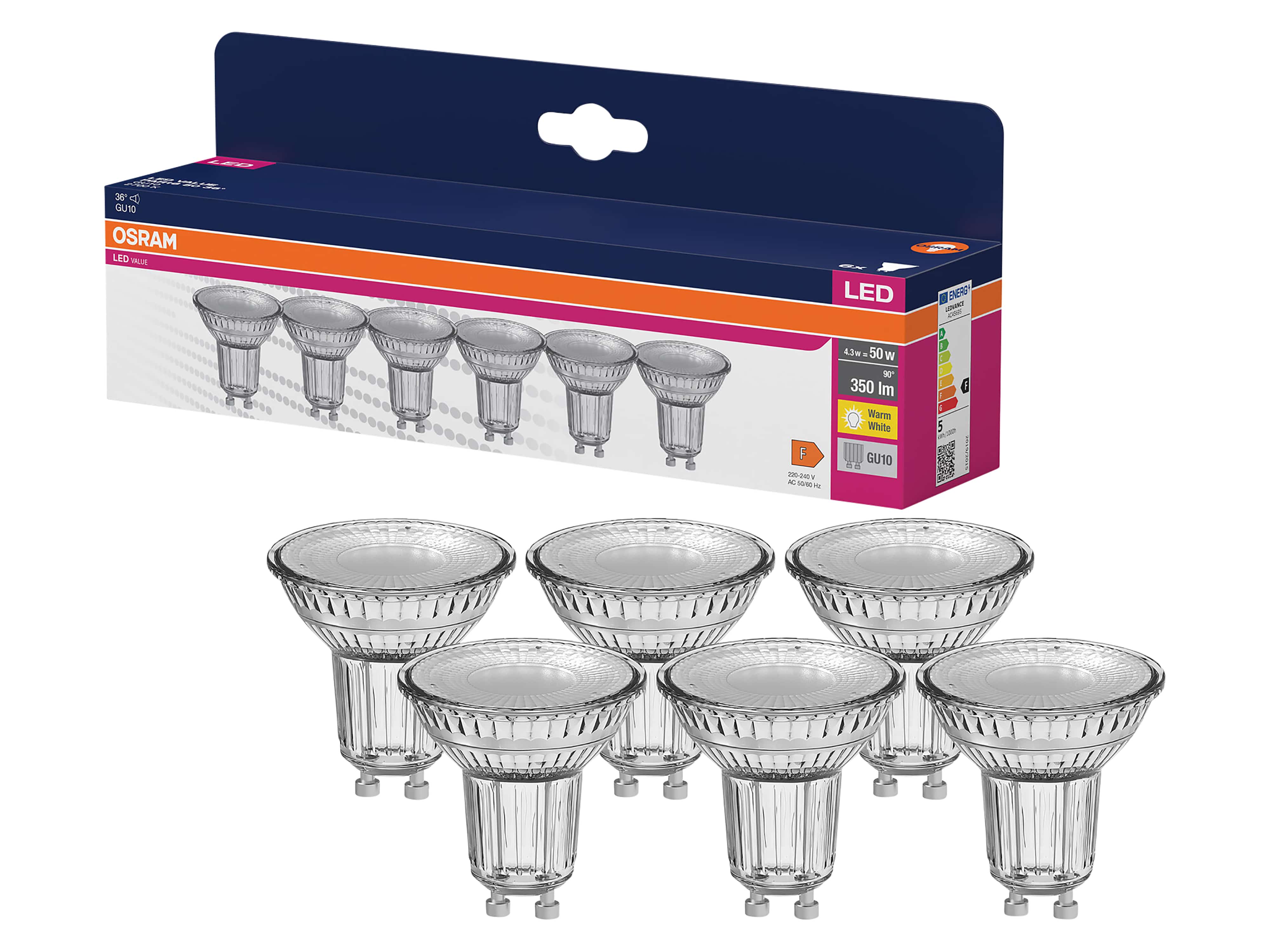 OSRAM LED-Lampe PAR16, 6 Stück, GU10, 4,3 W, 350 lm, 2700 K