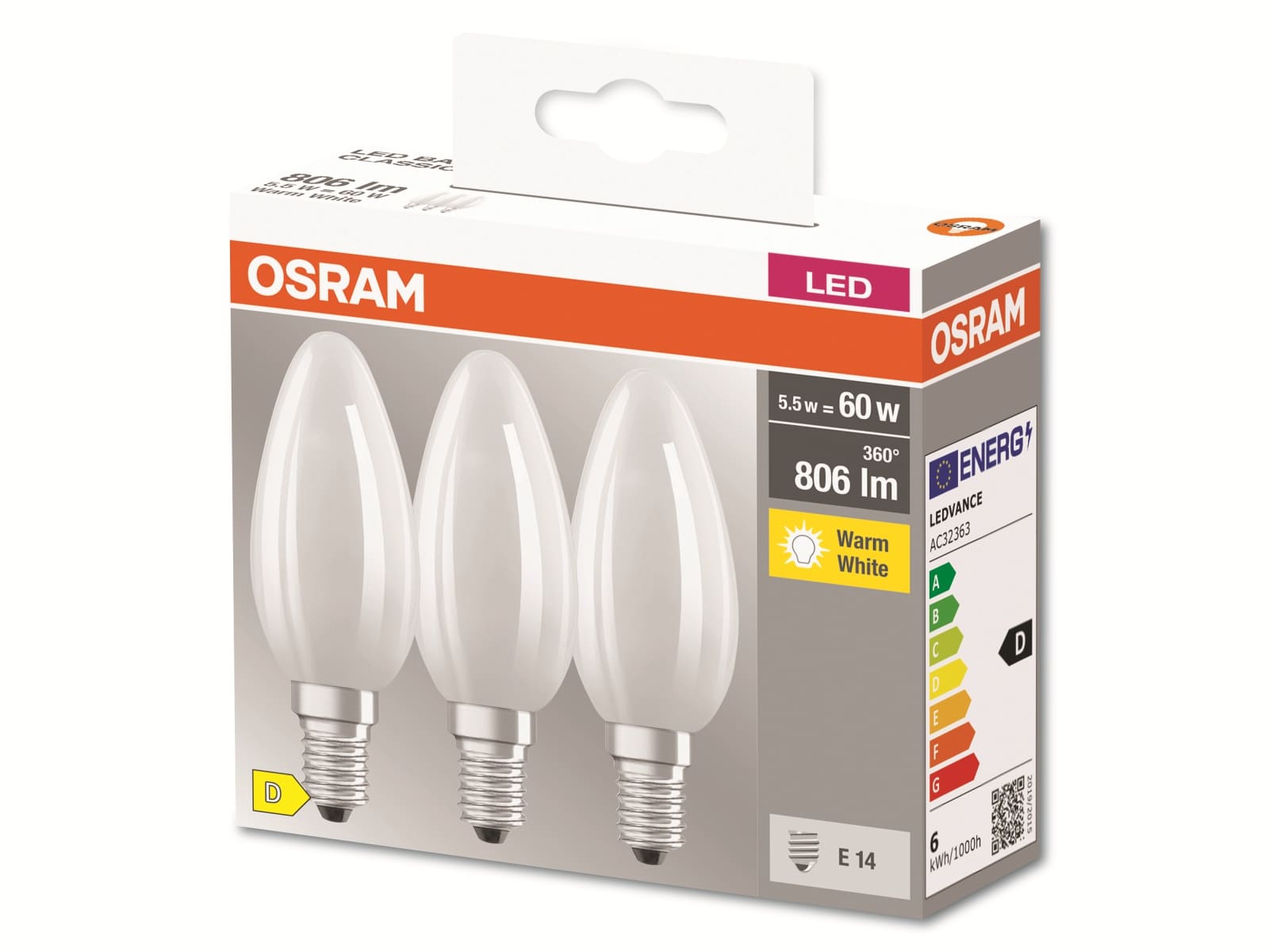 OSRAM LED-Lampe, CLA60, matt, E14, EEK: D, 5,5W, 806lm, 2700K, 3 Stk