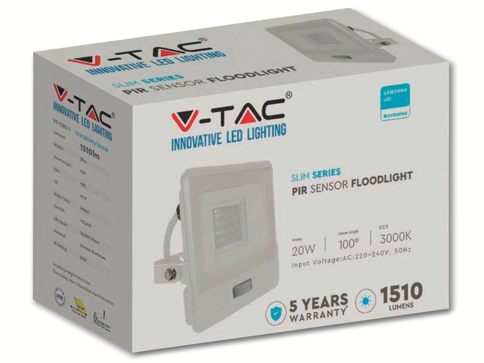 V-TAC LED-Fluter, Bewegungsmelder VT-128S-1 (20295) EEK: F, 20W, 1510 lm, 3000K, weiß