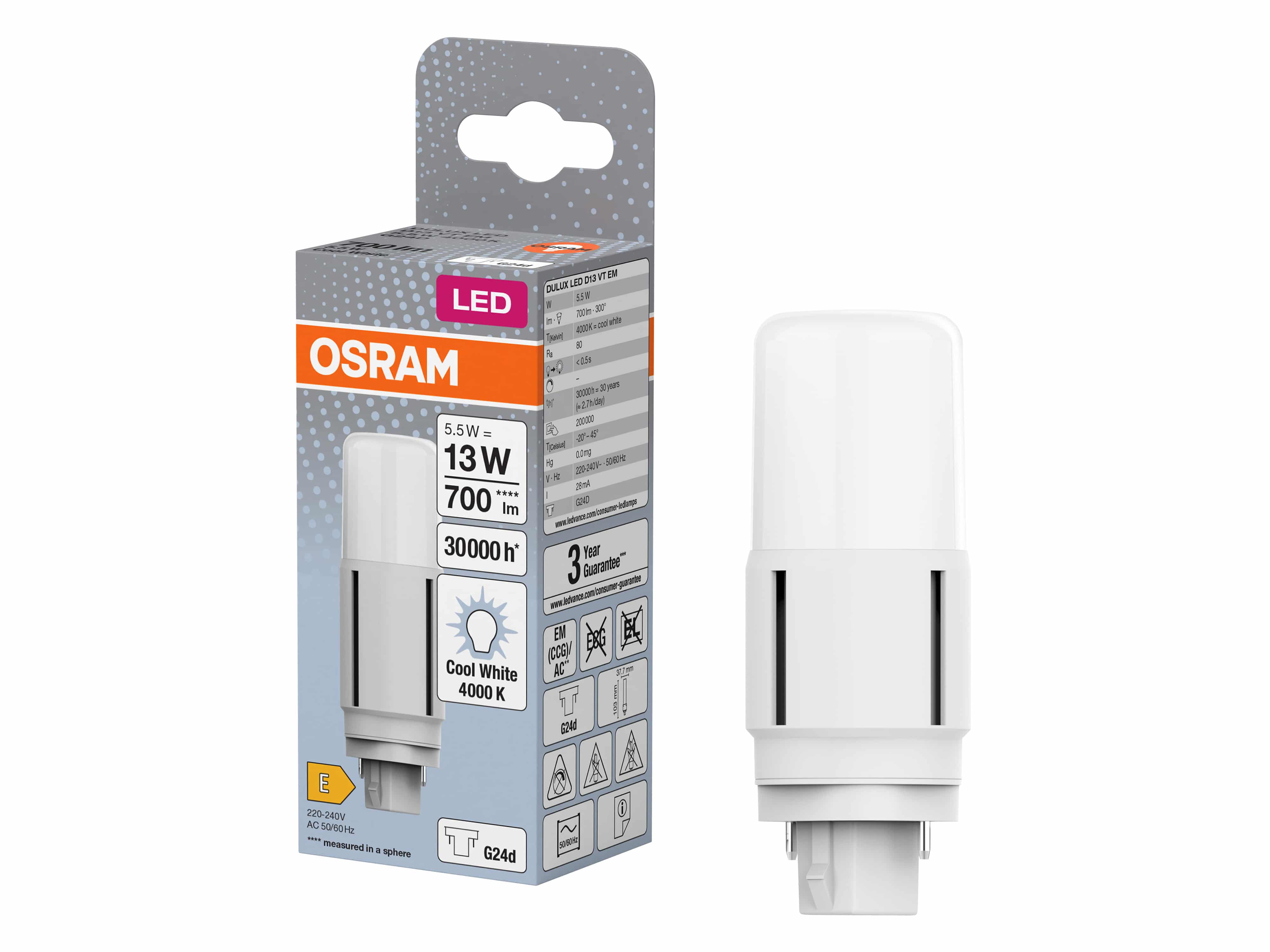 OSRAM LED-Lampe, Dulux D13, G24d, EEK: E, 5,5W, 700lm, 4000K