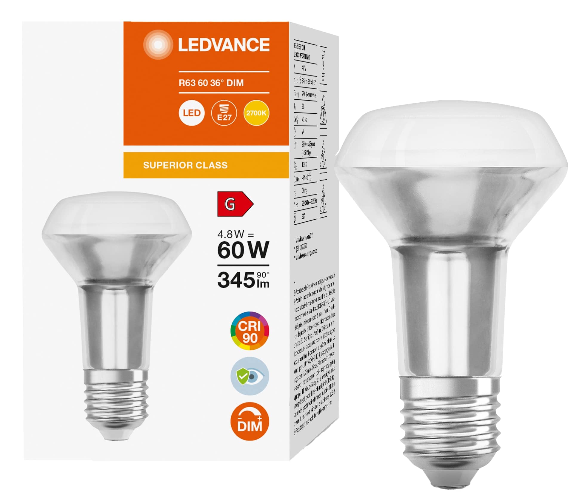 LEDVANCE LED-Reflektorlampe SST PLUS SPOT, R63, E27, EEK: G, 4,8 W, 345 lm, 2700 K