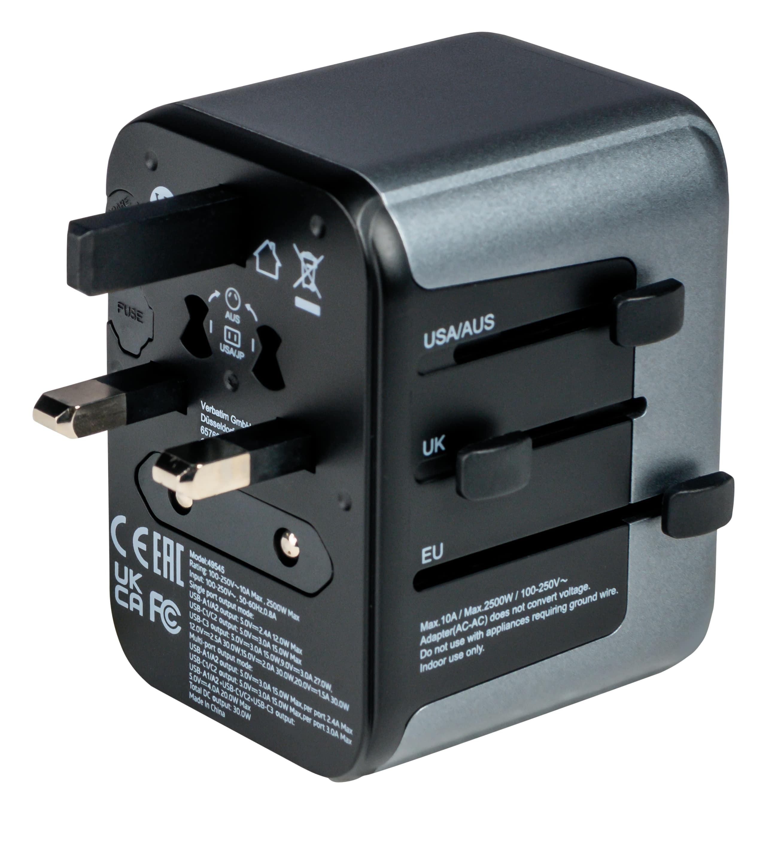 VERBATIM Universal-Reise-Adapter UTA-03, 1x Stromstecker, 2x USB-A, 3x USB-C