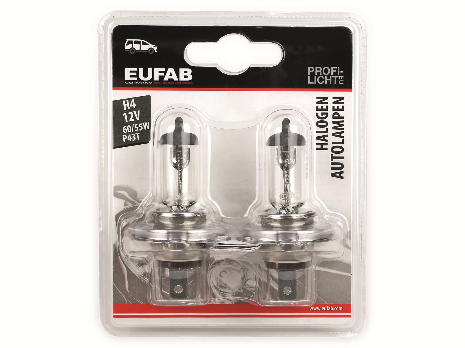 EUFAB Halogen-Autolampe H4, 12V, 60/55W, P43T, 2 Stück